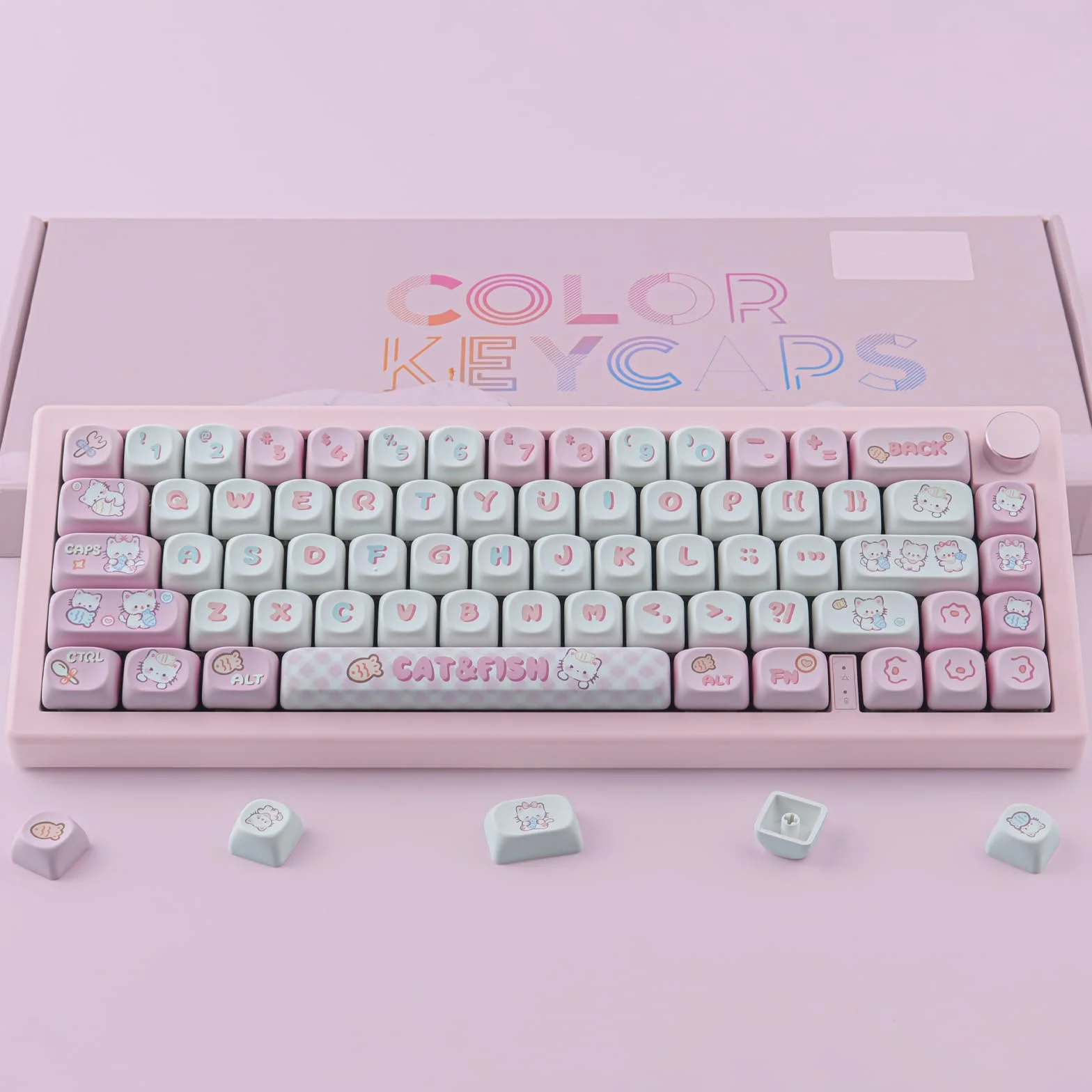 PBT Cute Kitty-cat Keycaps Set 140 Keys Dye-Sublimation MOA Profile for Cherry Gateron MX Switches Mechanical Keyboards