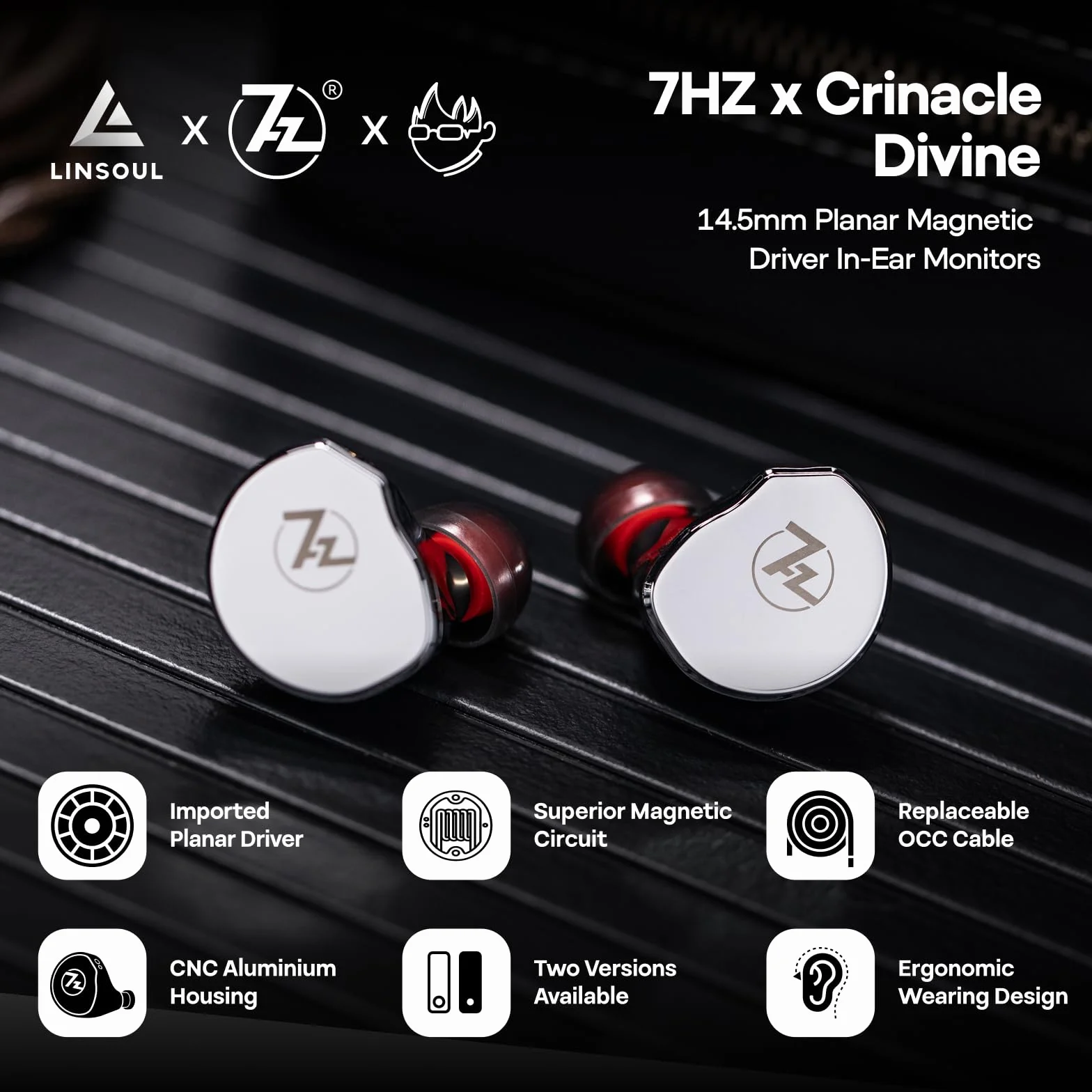 7Hz x Crinacle Diablo/Divine In-Ear Monitors, 14,5 mm planarny przetwornik magnetyczny IEM, słuchawki HiFi z odłączanym kablem 2-pin (Divine, Srebro)