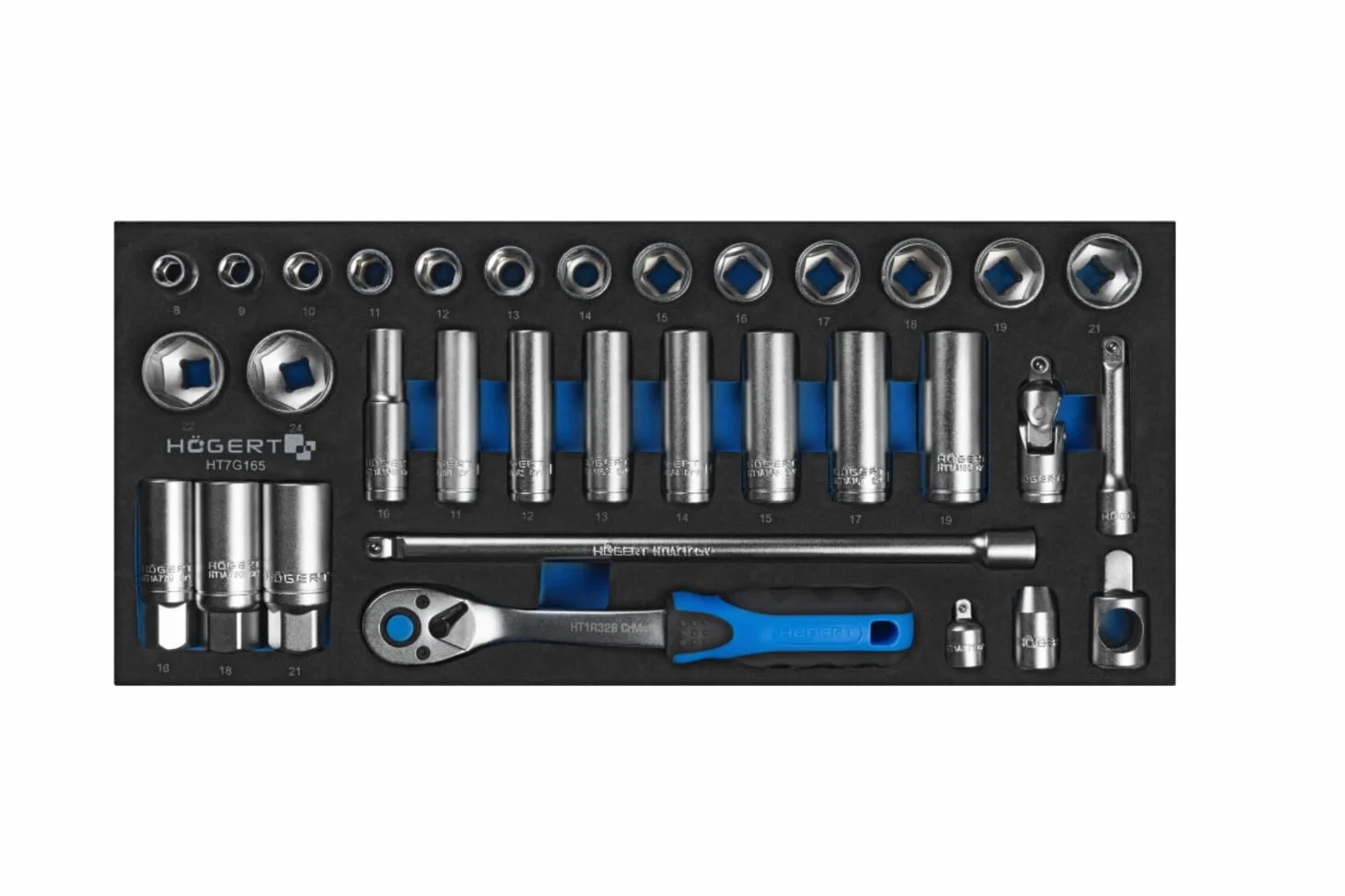 HÖGERT TECHNIK Zestaw kluczy nasadowych 3/8", 33-częściowy, uchwyt zapadkowy 72T, stal CRV, w zestawie wtyczka świecy zapłonowej, adapter, wkładka EVA, wytrzymała i odporna na korozję