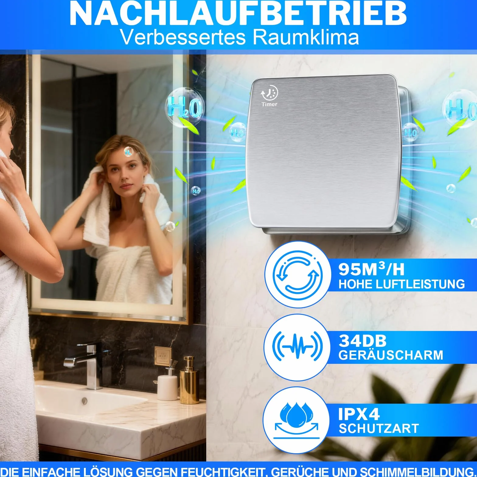 Wentylator łazienkowy 100 mm z wybiegiem, ≤ 34 dB, cichy i wydajny wentylator wyciągowy, 12 W, 2400 obr./m, IPX4, wentylator ścienny z zaworem zwrotnym, łatwy montaż na oknie, suficie, w łazience