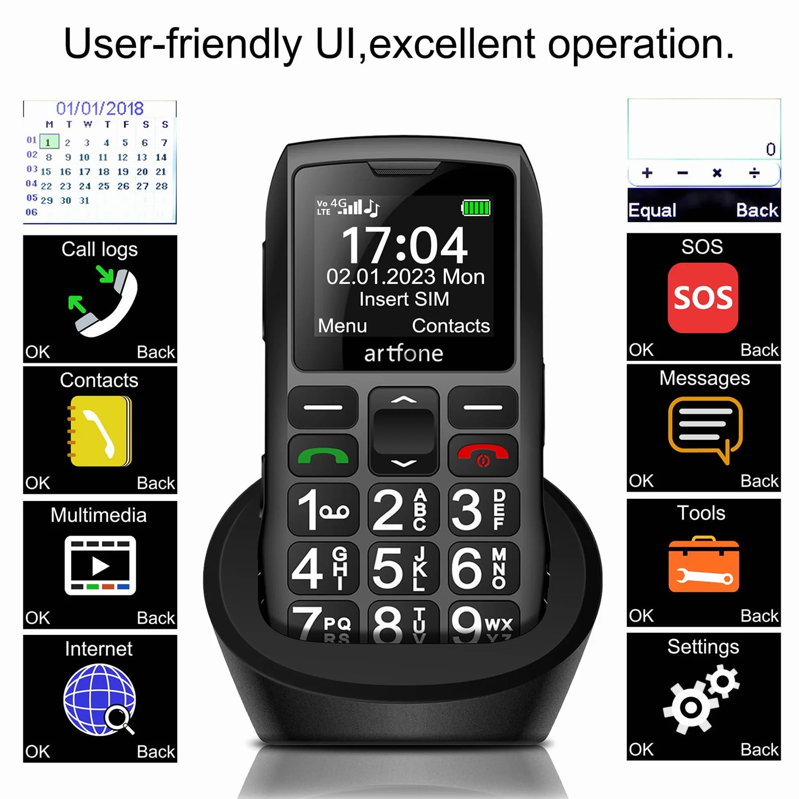 artfone Starszy telefon komórkowy z dużymi przyciskami, LTE telefony dla osób starszych, funkcja SOS, wysoka głośność, bateria 1400 mAh, podstawa ładująca z USB C1 4G, czarny