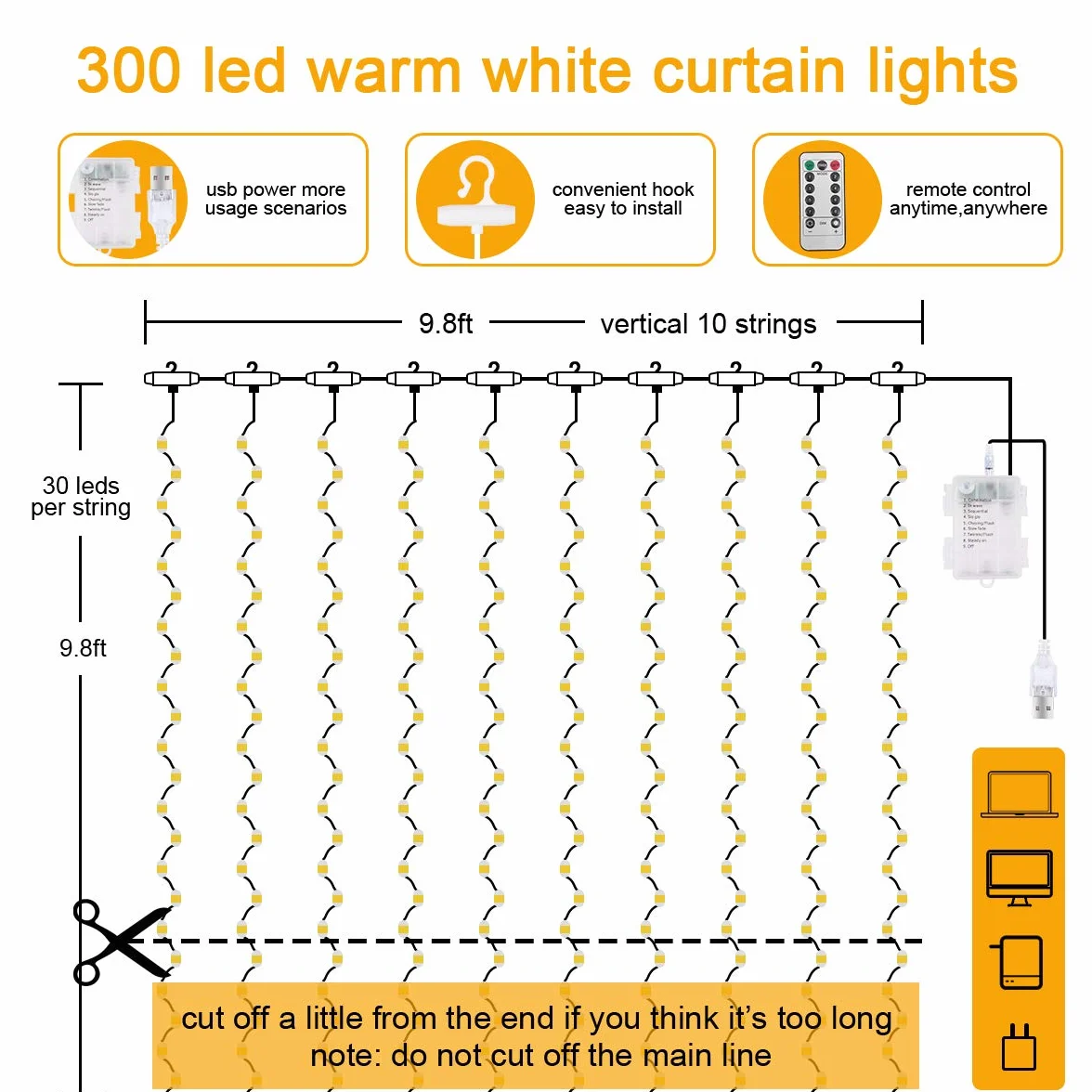 AOMIG Kurtyna świetlna LED, 3 × 3 m, 300 diod LED, 8 trybów, zdalne sterowanie, timer, regulowana jasność, wodoodporna, okienna, zasilanie USB i baterią, do sypialni, na imprezę, ciepła biel