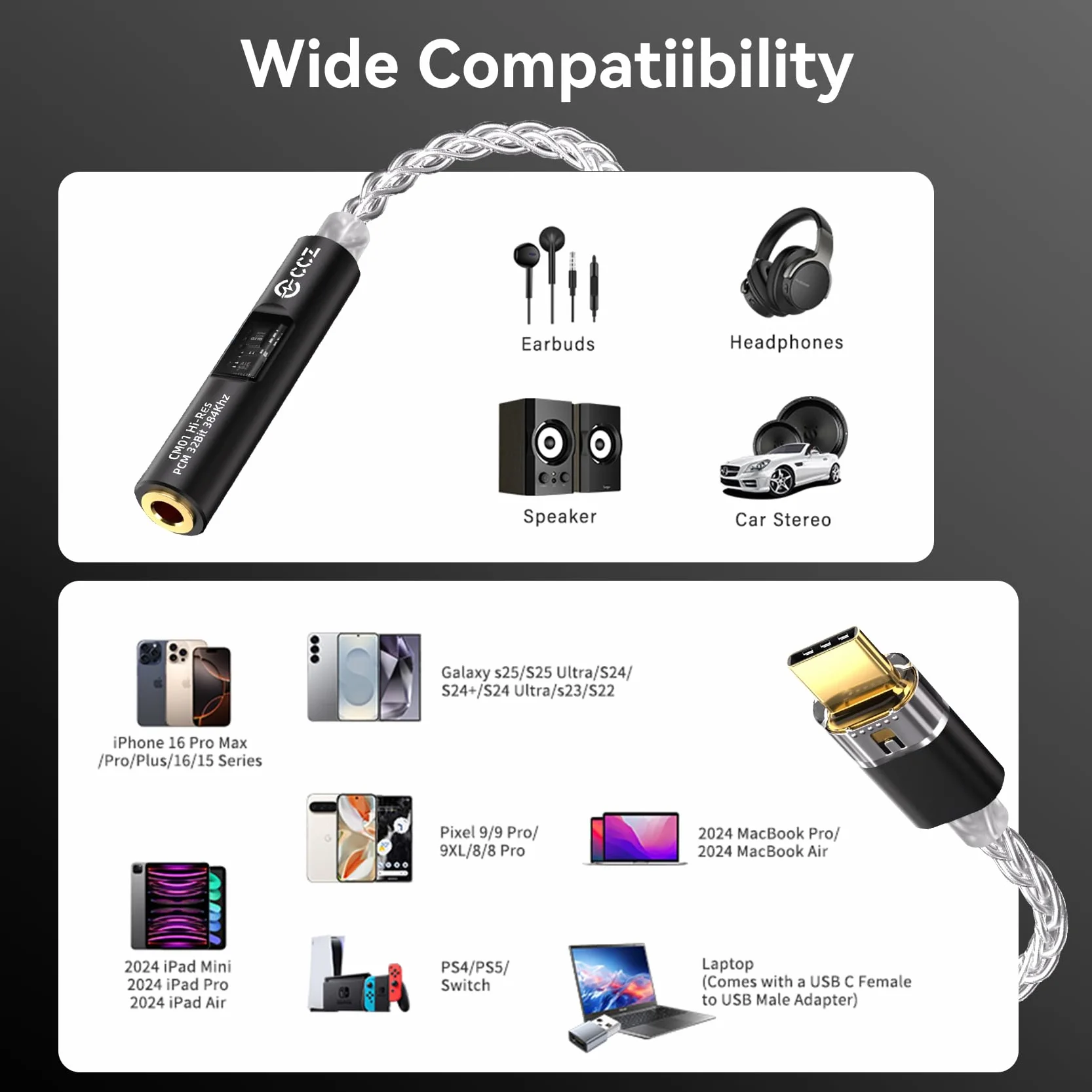 CCZ CM01 USB C na gniazdo 3,5 mm DAC adapter słuchawkowy Hi-Res 24 bit/384 kHz