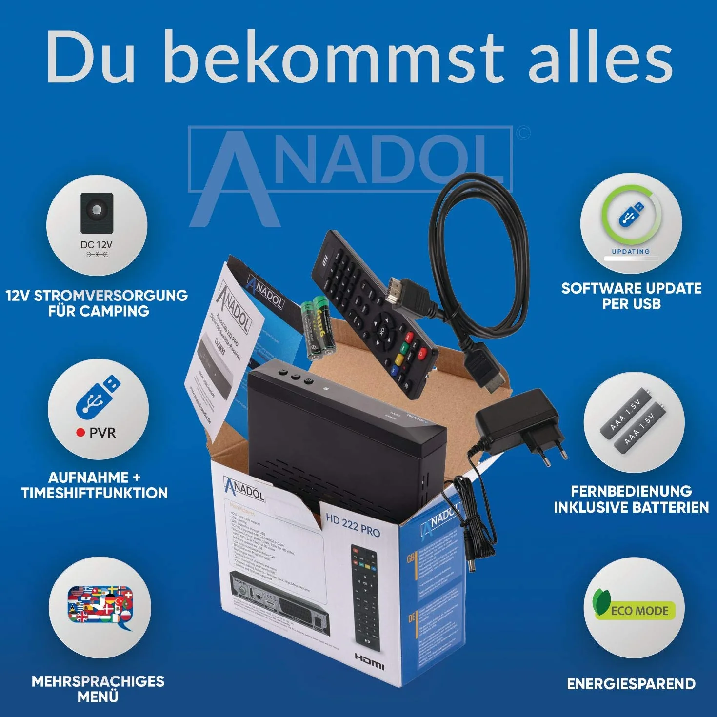 Anadol HD 222 Pro Odbiornik cyfrowy telewizji satelitarnej PVR 1080p HDTV DVB-S/S2 HDMI SCART USB