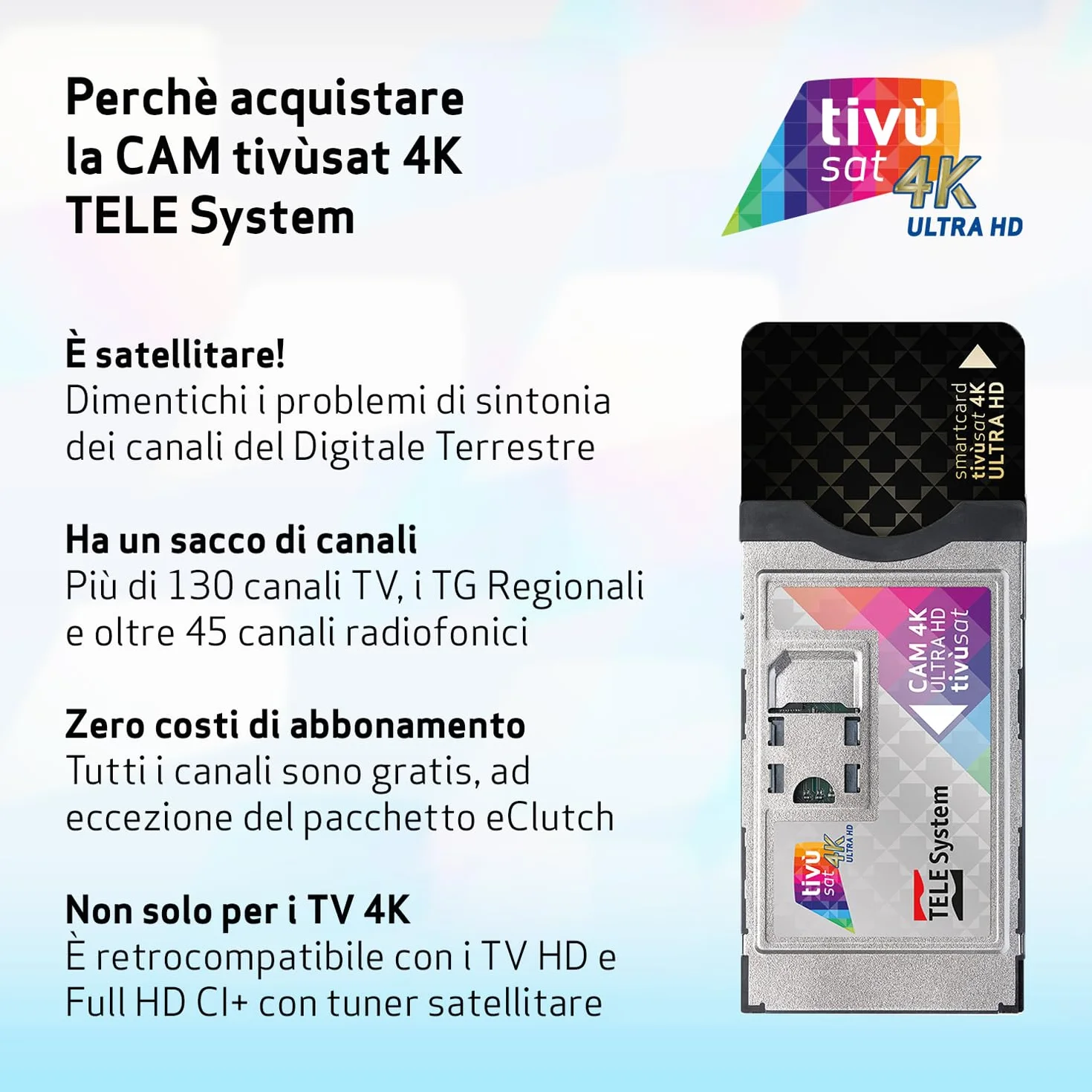 TELE System Tivùsat 4K Ultra HD certyfikowana kamera do oglądania kanałów w wysokiej rozdzielczości i 4K. Slot Cam do telewizora i dekodera, aktywna karta inteligentna w zestawie. Seria A z DAZN na