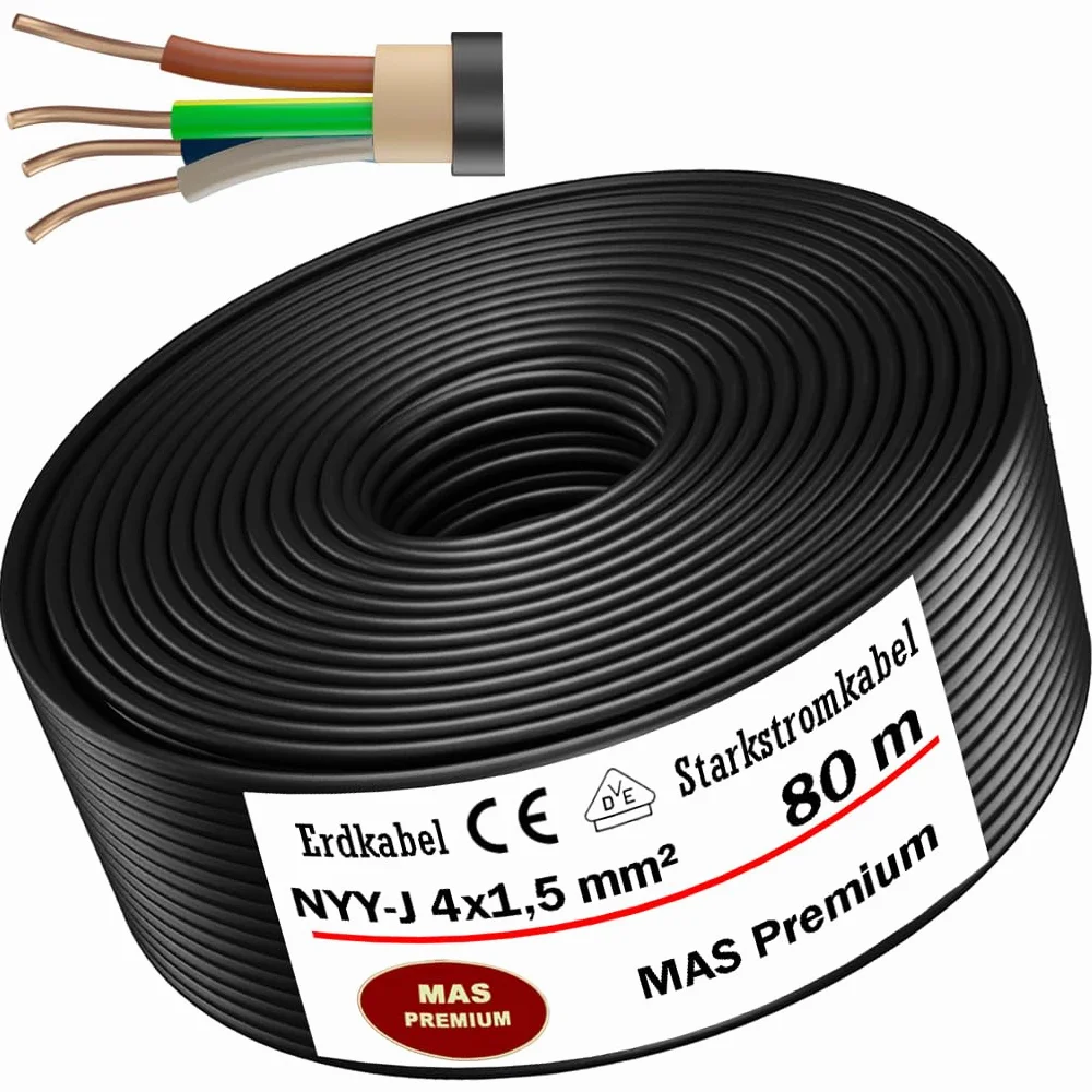 Kabel uziemiający, kabel zasilający 5, 10, 15, 20, 25, 30, 35, 40, 50, 60, 70, 75, 80, 90, lub 100 m NYY-J 4 x 1,5 mm², kabel elektryczny pierścień do układania na wolnym powietrzu, w ziemi (80 m)
