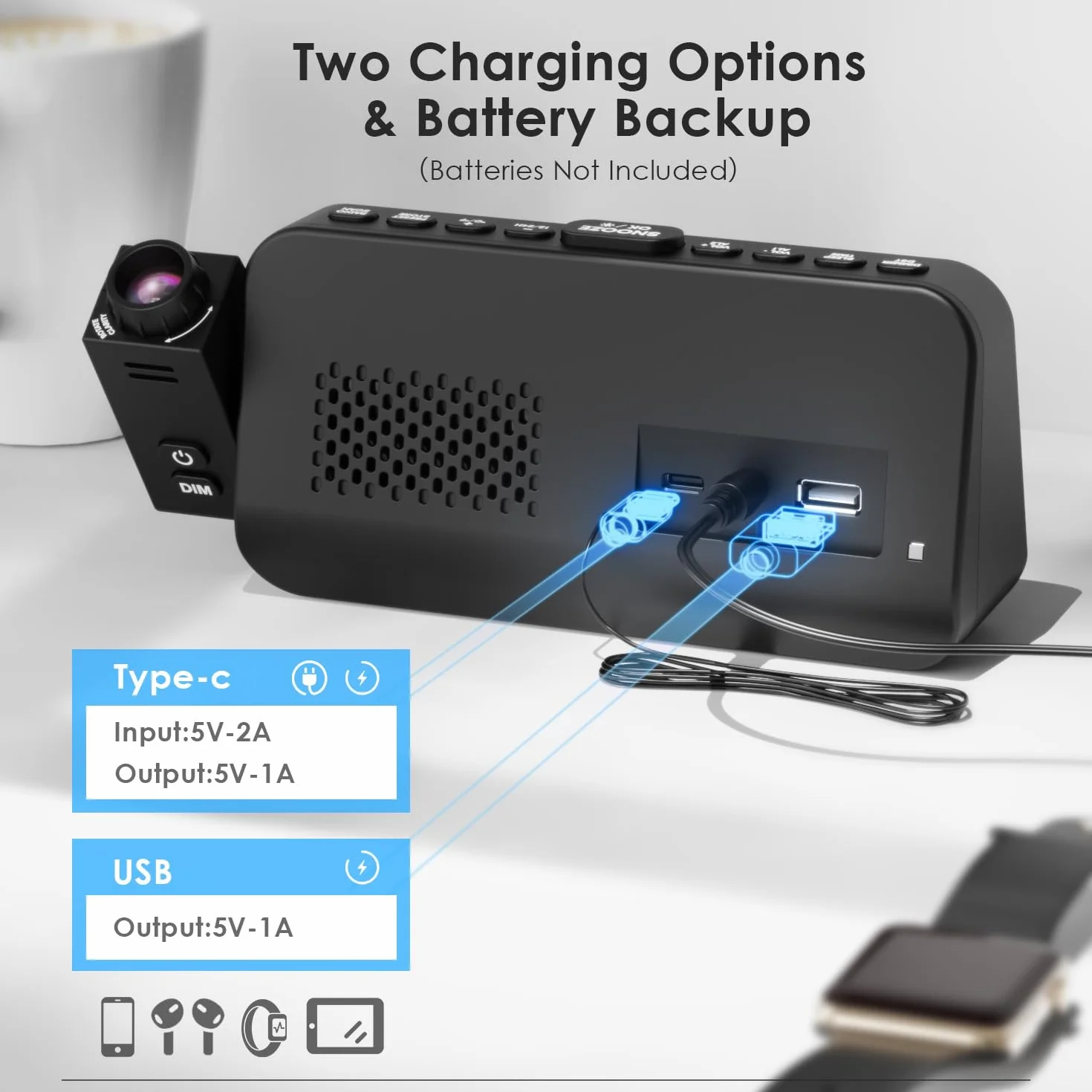 Radiobudzik z projekcją, budzik z projektorem do sypialni, typ C i port USB, dzień tygodnia/weekend, zegar projekcyjny DST, ściemniacz/temperatura/data, cyfrowy budzik na stolik nocny do biura