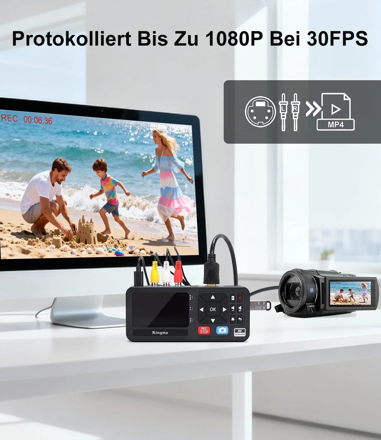 King Ma Digitizer wideo 3-calowy ekran 1080P 30 FPS cyfrowa konwersja VHS RCA VCR DVD Hi8 kamery gry TF SD USB