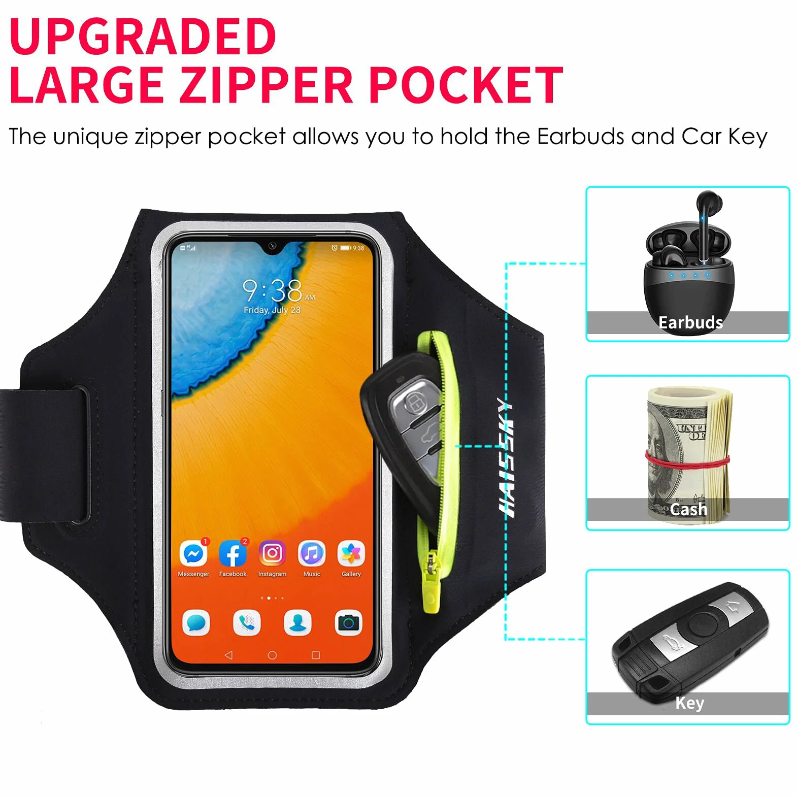 HAISSKY Opaska sportowa z kieszenią na słuchawki, sportowa opaska na ramię do iPhone'a 17 Pro Max 16 Pro 15 14 13 12 Plus, opaska na nadgarstek do smartfona do biegania na rowerze i wędrówek (czarna)