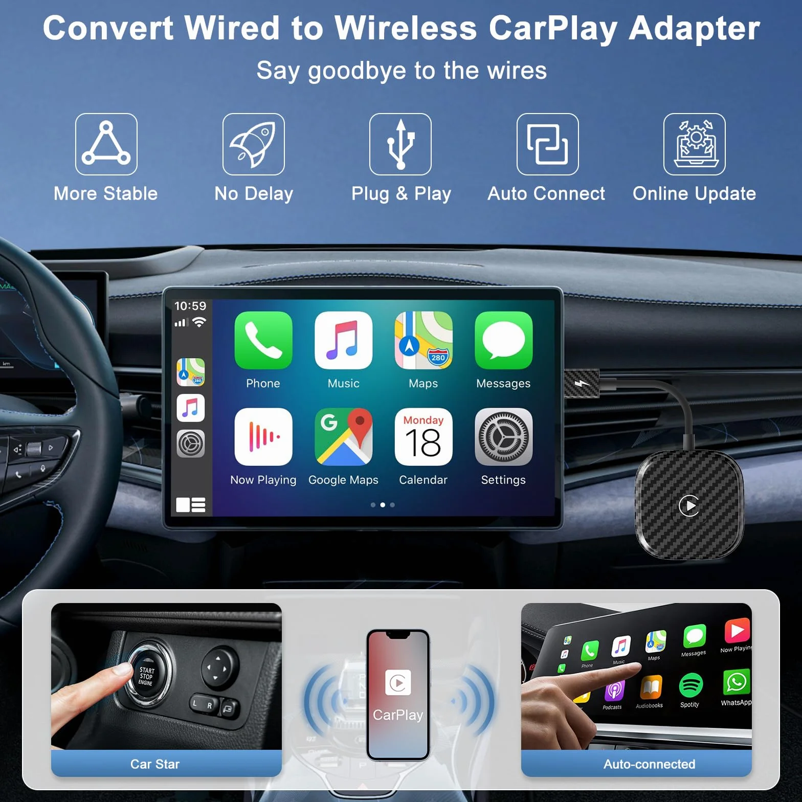 UWECAN CarPlay Bezprzewodowa konwersja fabryczna przewodowa CarPlay na bezprzewodową, korzystanie z samochodu od 2017 roku iPhone iOS 11+ Plug & Play