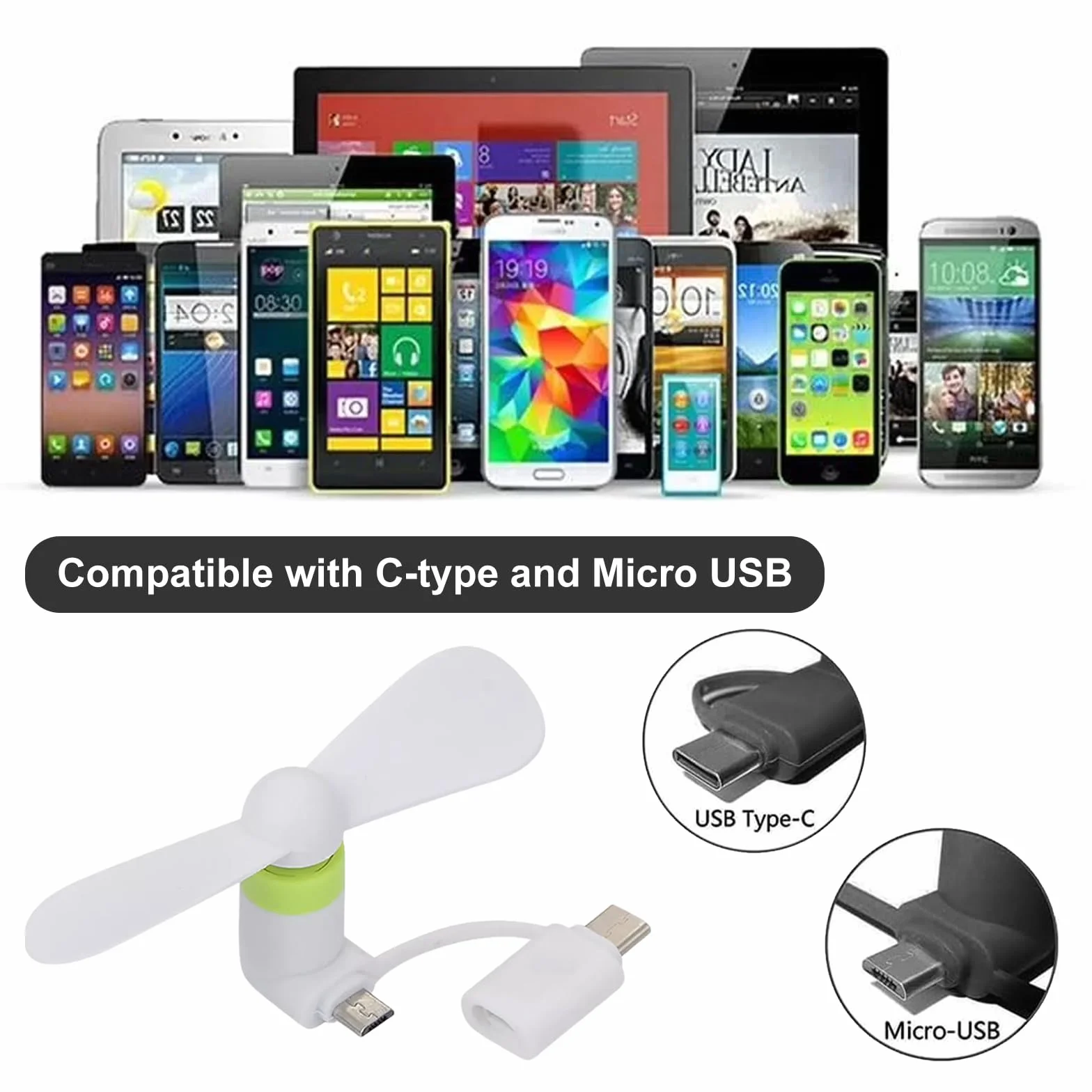SEMINISMAR Mini wentylator do telefonu USB cichy 2 w 1 czarno-biały