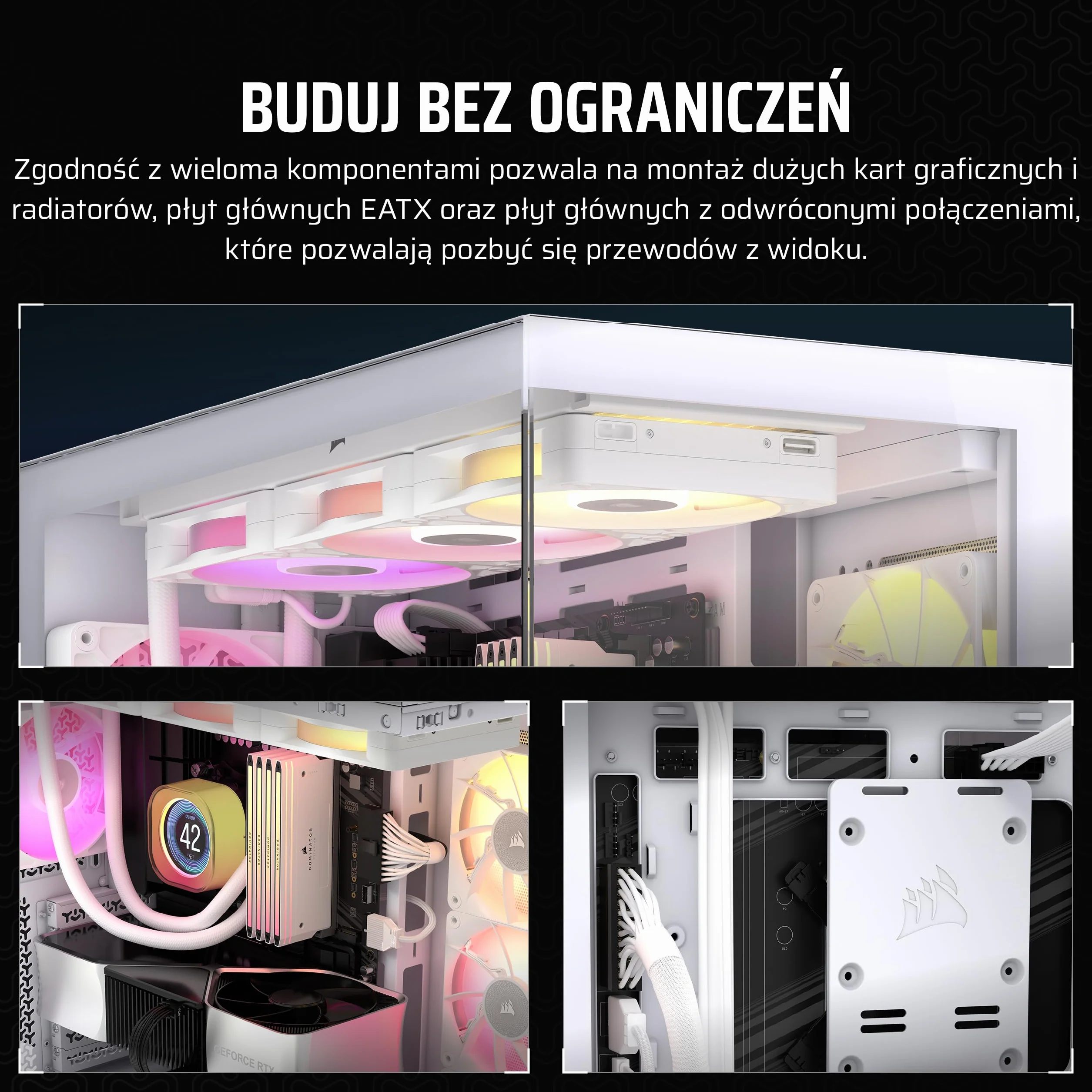 CORSAIR 3500X Środkowa-Wieża ATX Obudowa PC – Panoramiczne Szkło Hartowane – Kompatybilna z Płytą Główną z Odwróconym Połączeniem – Bez Wentylatorów – Biały