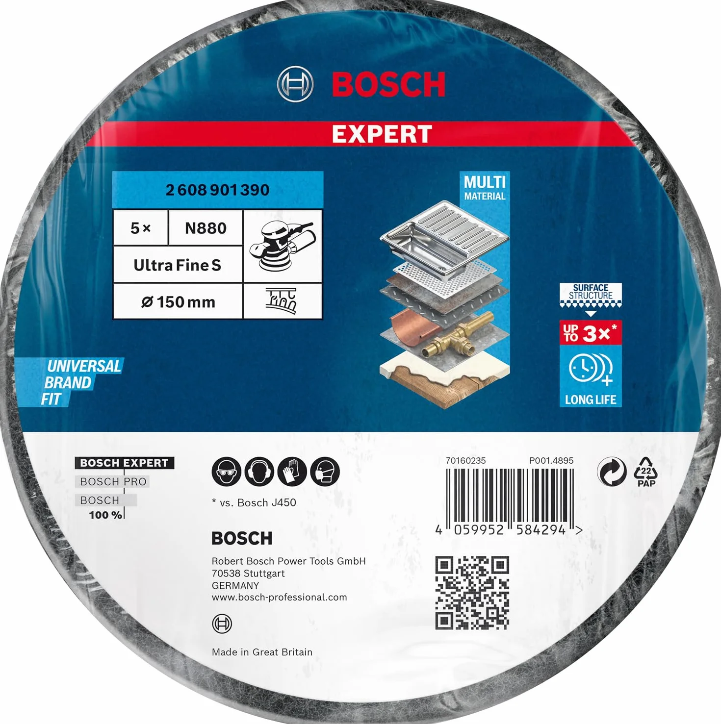 Bosch Professional 5x Tarcze filcowe EXPERT N880 (do Blachy stalowe, Stal nierdzewna, Metale nieżelazne, Farba na drewnie, Średnica mm 150 mm, Ziarnistość 800, Akcesoria Szlifierka mimośrodowa)