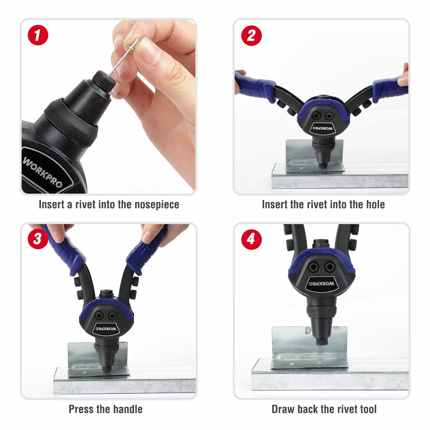 WORKPRO Nitownica 5 w 1, 25-centymetrowa nitownica Pop z 5 rozmiarami wymienną dyszą 2,4 mm, 3,2 mm, 4,8 mm, 6,4 mm, wytrzymała nitownica ręczna z 100-częściowymi nitami
