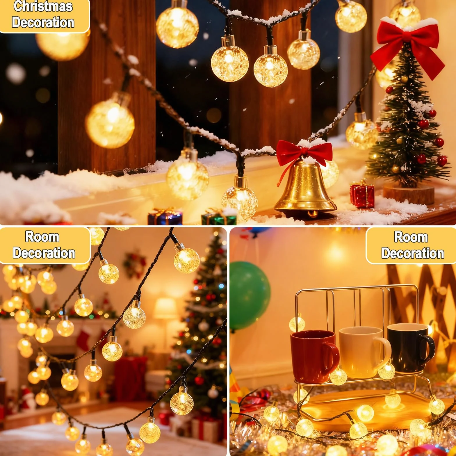 Łańcuch świetlny zewnętrzny 10 m, 100 diod LED, łańcuch świetlny z kryształową kulką, wodoszczelny, z wtyczką, 8 trybów pracy i timerem, do użytku wewnątrz i na zewnątrz, na balkon, do ogrodu