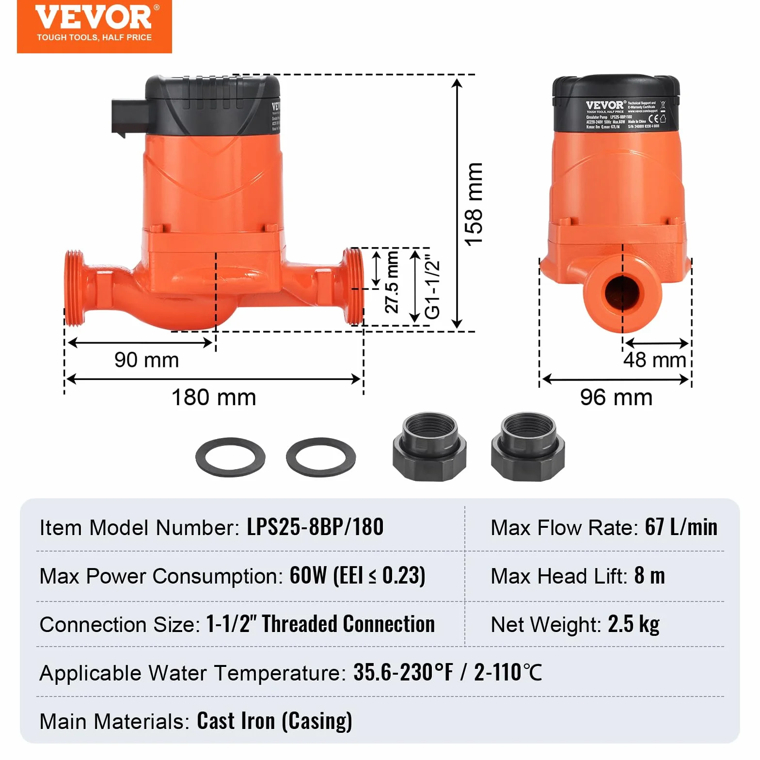 VEVOR Pompa obiegowa do ciepłej wody, LPS25-8BP-180, pompa grzewcza, 67 l/min automatyczna pompa wodna ECM, 220 V 60 W Wysokość odpływu 8 m do systemu ogrzewania wody