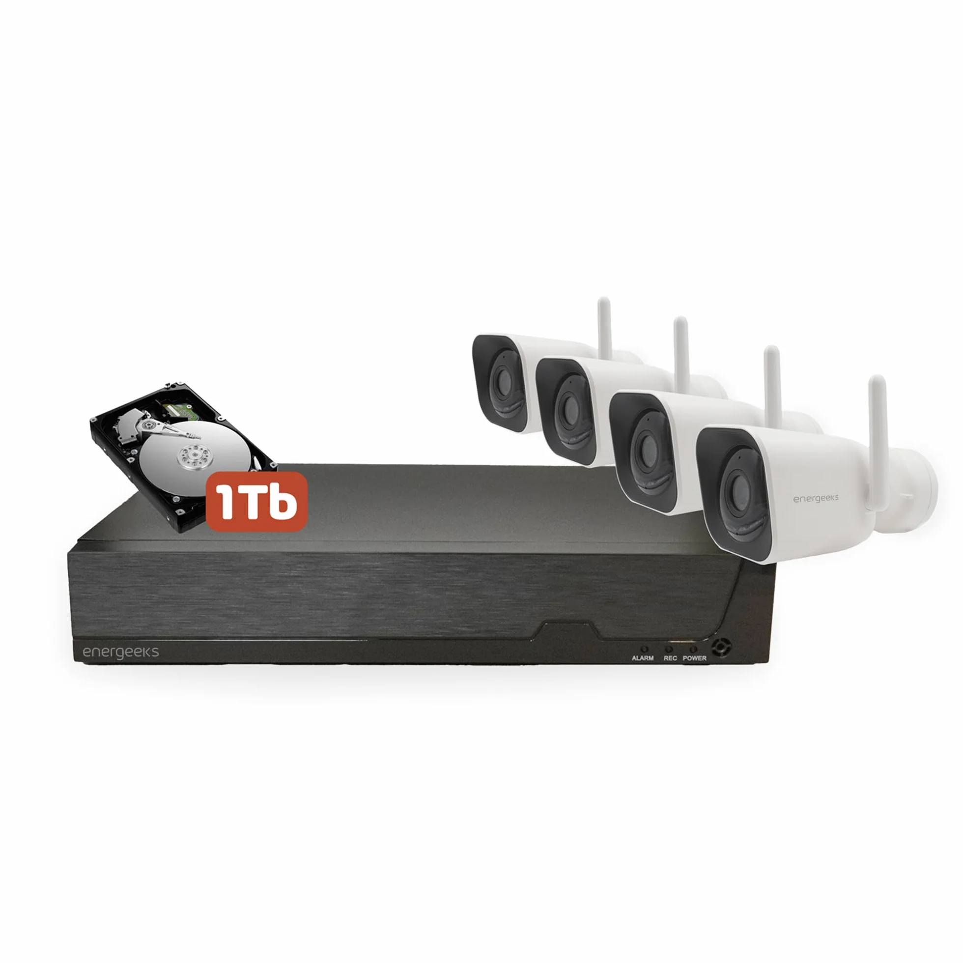 Energeeks - Nagrywarka NVR - 4 kamery zewnętrzne w zestawie - 16 kanałów - Dysk twardy 1 TB - Nagrywanie 24/7 - Zgodność ze złączem ONVIF i RJ45