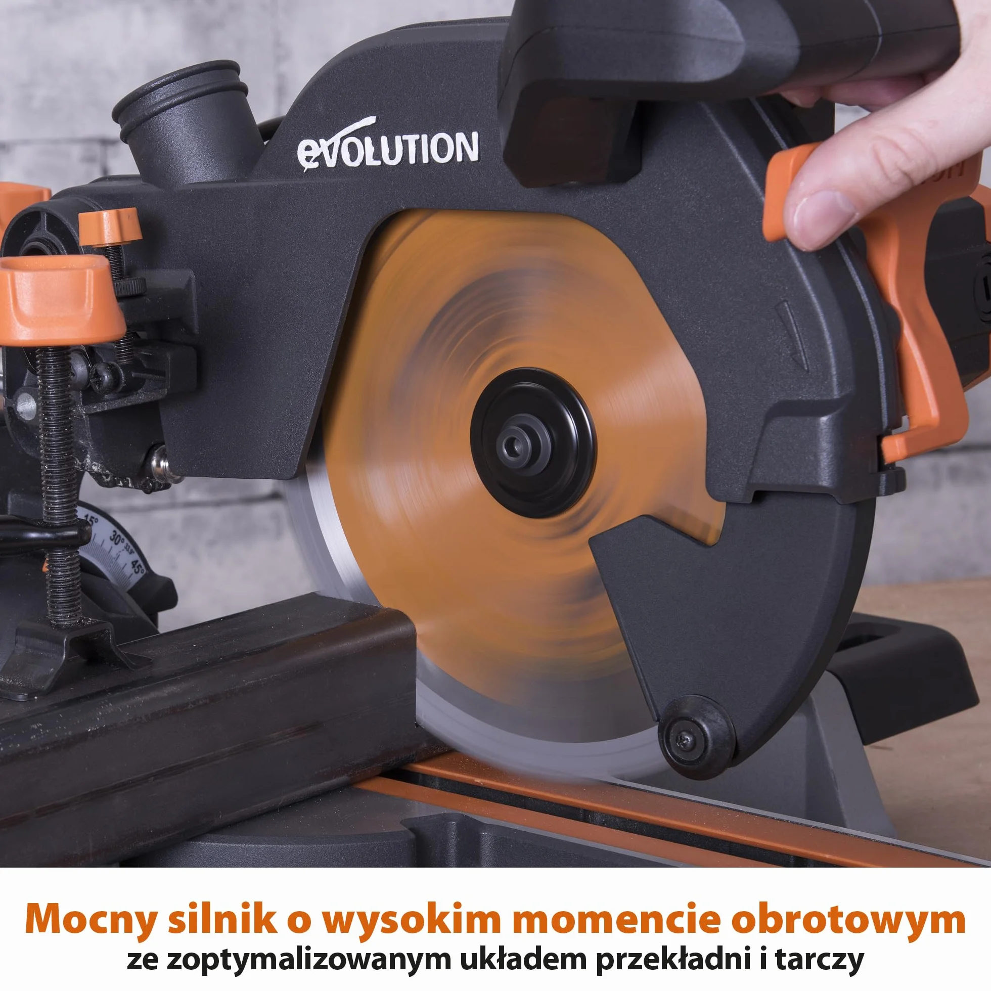 Evolution Power Tools Przesuwna ukośnica do cięć złożonych Plus R210SMS+ – w zestawie tarcza do różnych materiałów, tnie drewno, metal, plastik i inne, cięcie z nachyleniem i ukośne, 210 mm (230 V)