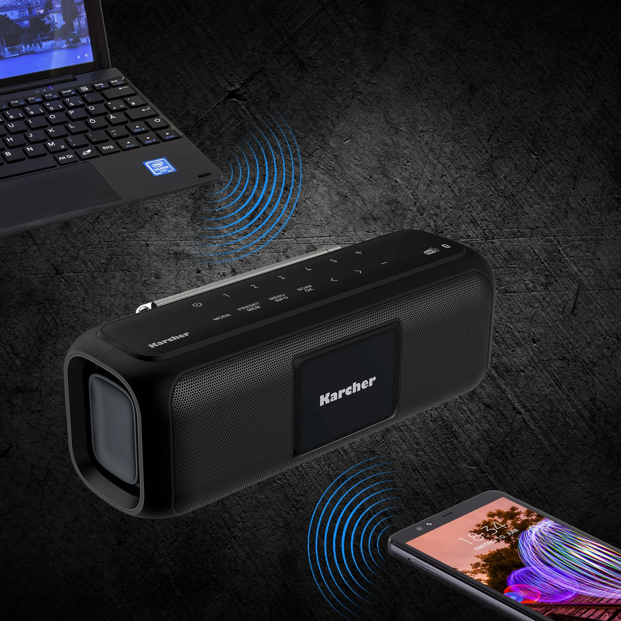 Karcher DAB Go przenośny głośnik Bluetooth radio cyfrowe DAB+ FM 2,4" 5 W stereo USB-C czarny