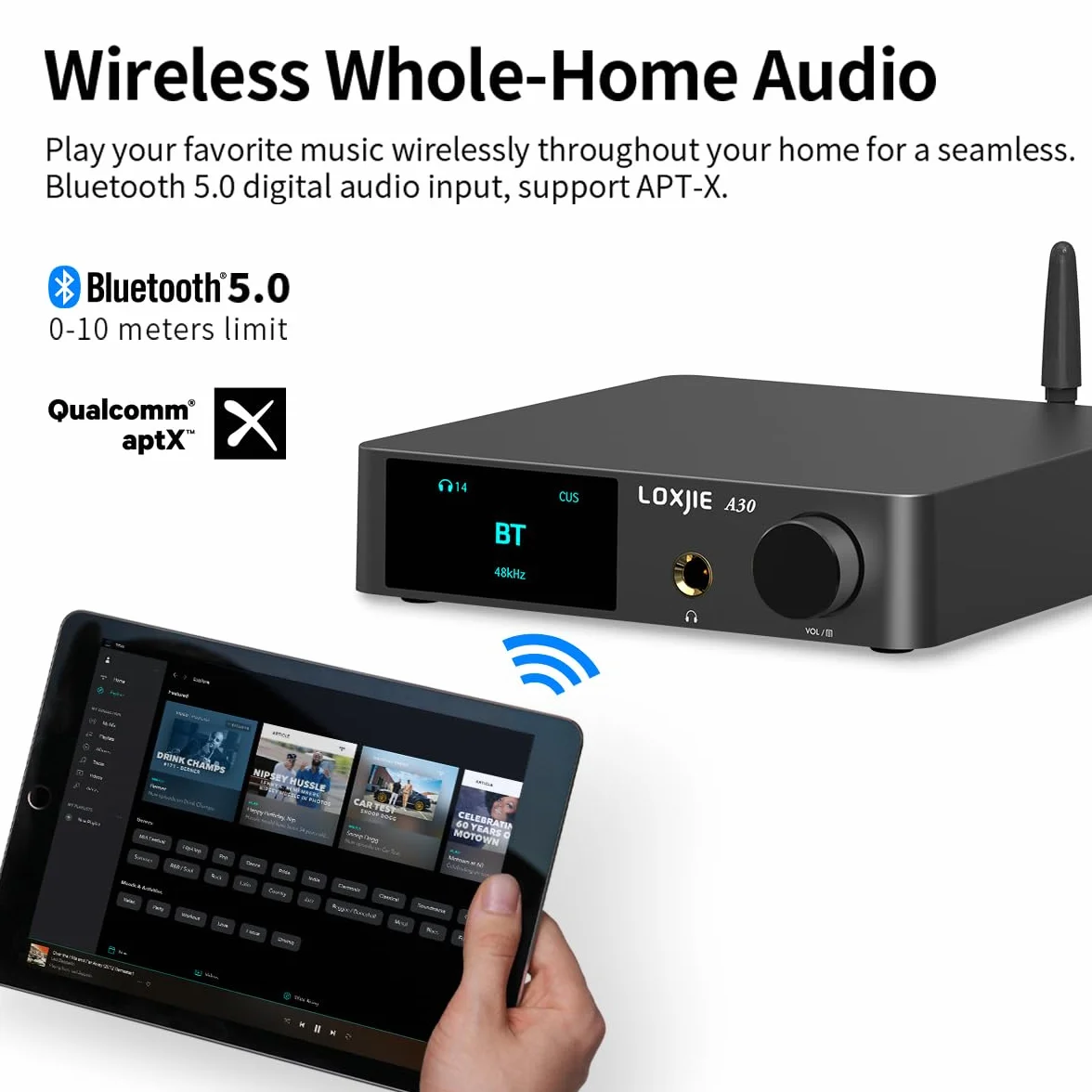 LOXJIE A30 stacjonarny wzmacniacz stereofoniczny DAC ES9023 Infineon MA12070 klasa D USB optyczne koncentryczne RCA Bluetooth 5.0 pilot szary
