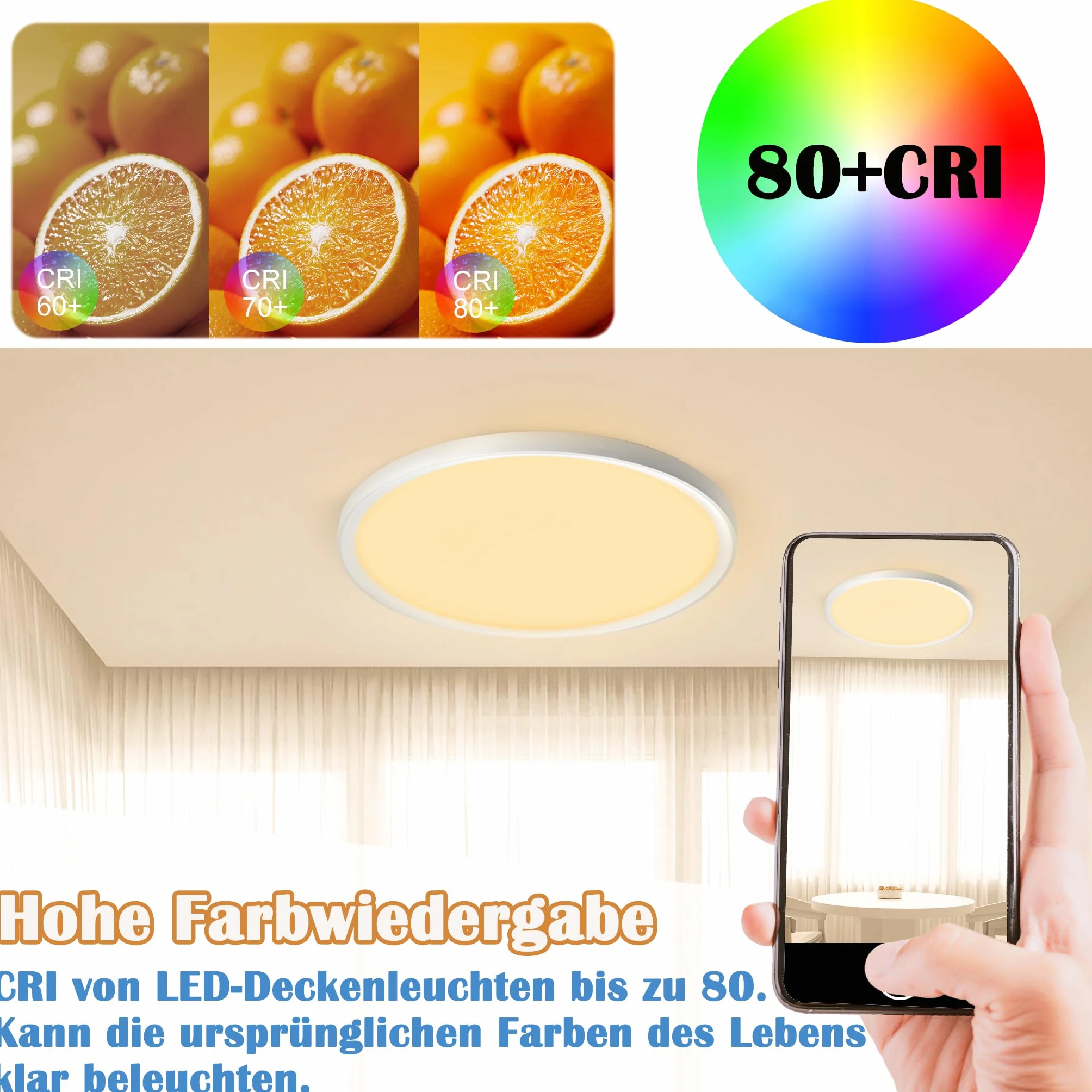 AufuN Lampa sufitowa LED, płaska, okrągła, ciepła biel, 72 W, 3000-4000 K, IP44, wodoodporna, nowoczesna lampa łazienkowa, lampa kuchenna do kuchni, łazienki, sypialni, korytarza, piwnicy, Ø 45 cm