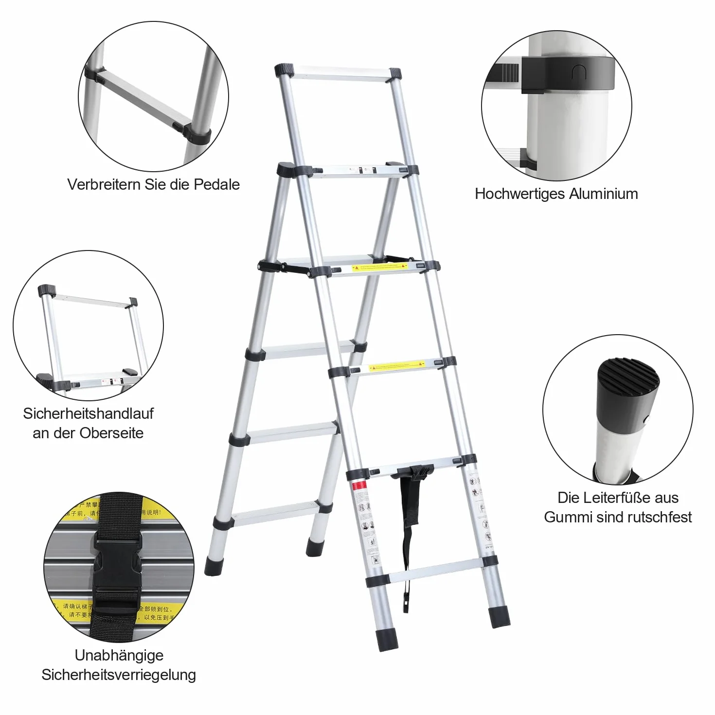 Aluminiowa drabina teleskopowa, składana drabina 1,4 m + 1,7 m, rama A 4 + 5 stopni, drabina wielofunkcyjna, nośność 150 kg, EN131