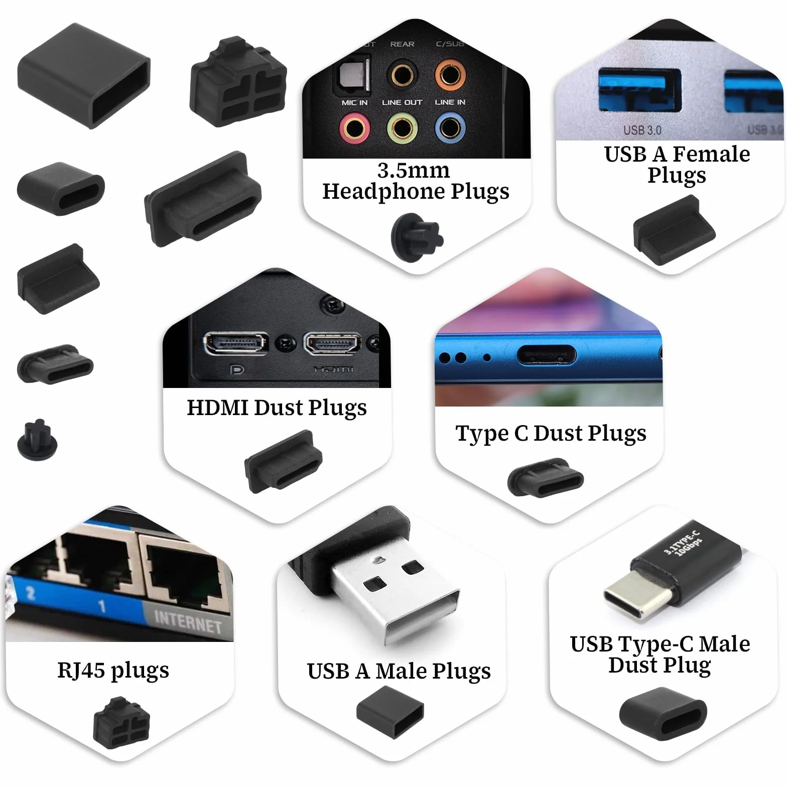 Silikonowe nasadki ochronne USB C USB-A HDMI RJ45 3,5 mm 50 sztuk 7 rodzajów