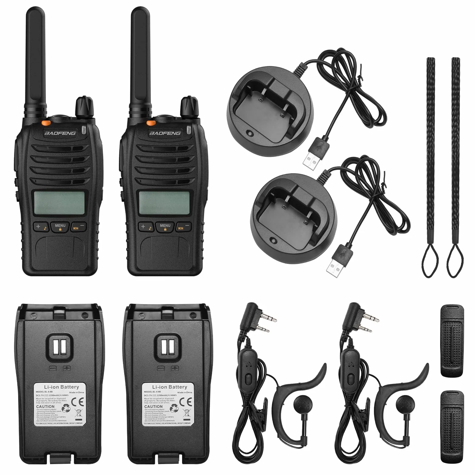 BAOFENG BF-88ST Pro PMR446 Walkie Talkie, ulepszone, dalekiego zasięgu, ładowalne, dwudrożne radia z wyświetlaczem LCD, podwójny zegarek VOX, ładowarka biurkowa i słuchawki, 2 szt