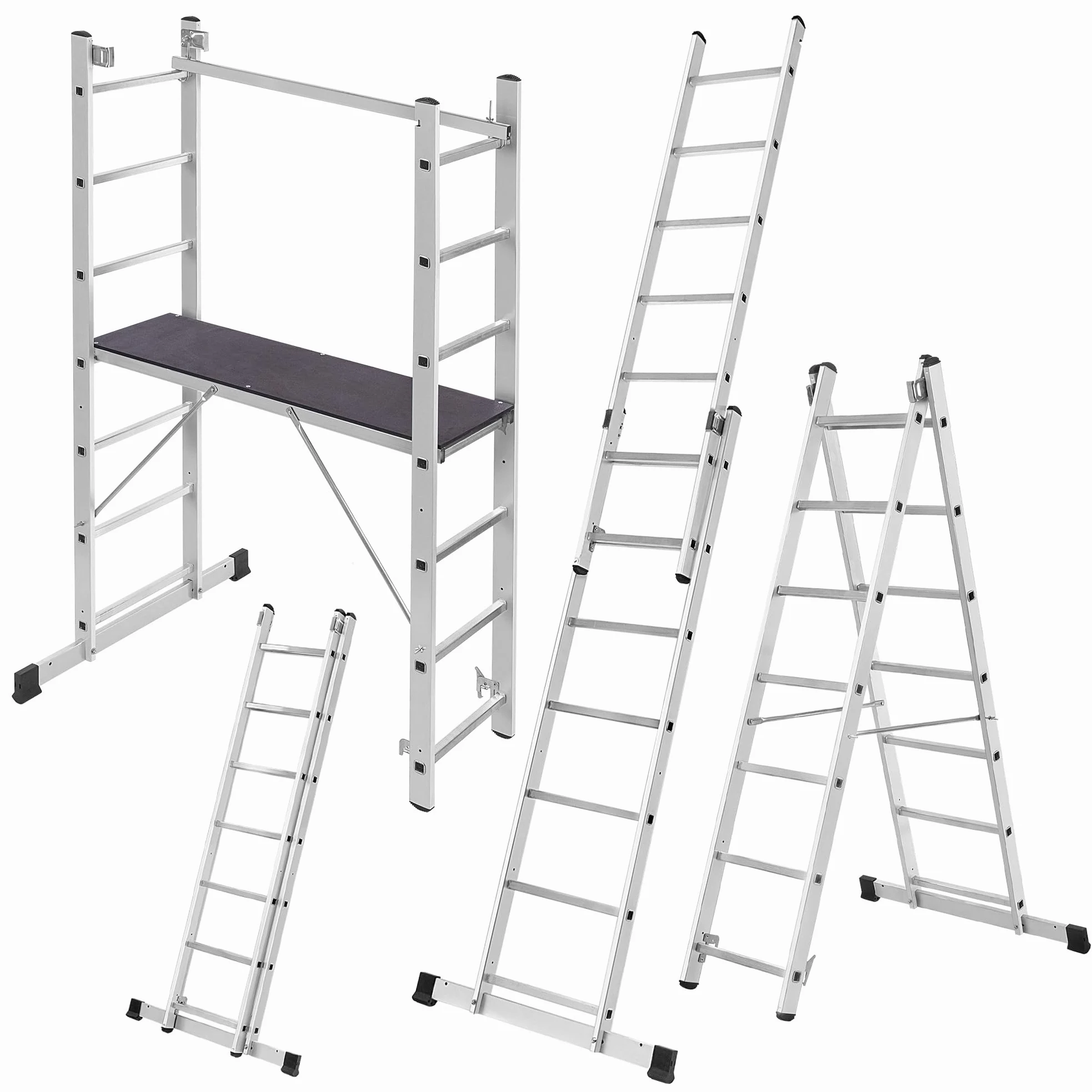 KADAX Rusztowanie aluminiowe wielofunkcyjne z platformą 114x187 cm, 14-szczeblowe, antypoślizgowe stopki, do prac budowlanych i remontowych