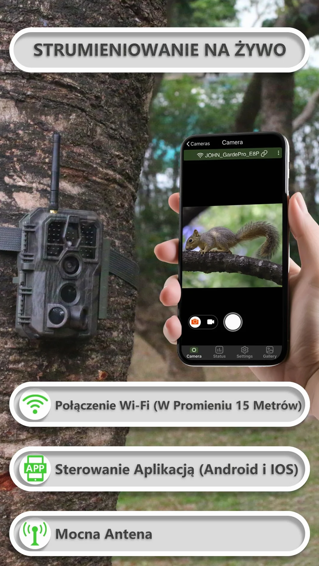 GardePro E8P Max Kamera Myśliwska WiFi 64MP 1296P 0.1s Szybki Wyzwalacz Czujnik Ruchu 8000mAh