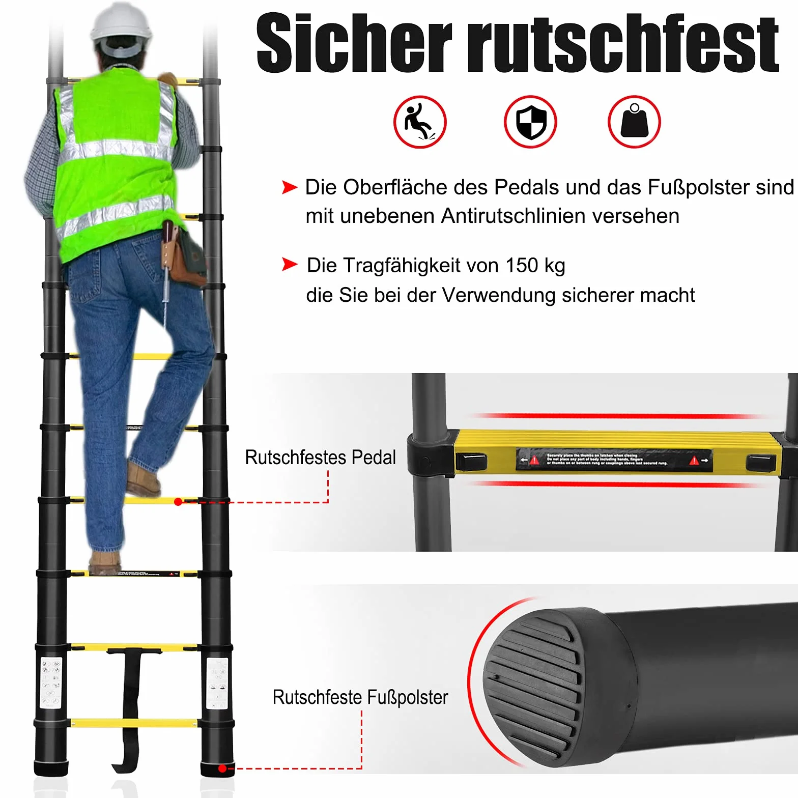 UISEBRT Drabina teleskopowa 3,8 m, składana, aluminiowa, wielofunkcyjna, antypoślizgowa, aluminiowa, wielofunkcyjna, składana, maks. obciążenie 150 kg, czarna (1,9 + 1,9 m)
