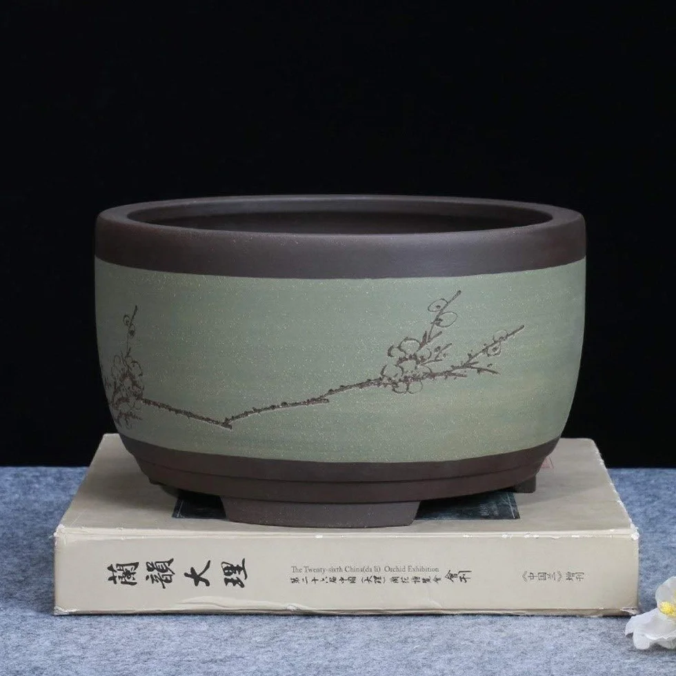 Bonsai Doniczka Ceramiczna Okrągła Duża Średnia i Mała Doniczka Bonsai Zielona Doniczka W kształcie bębna Umywalka wentylacyjna w stylu chińskim Okrągła Sadzarka Pojemnik na rośliny ozdobne (Kolor:
