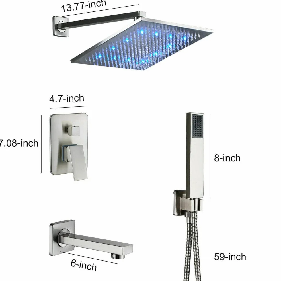 Zestaw prysznicowy ze szczotkowanego niklu z deszczownicą LED, zestaw 20 cm (10 cali)