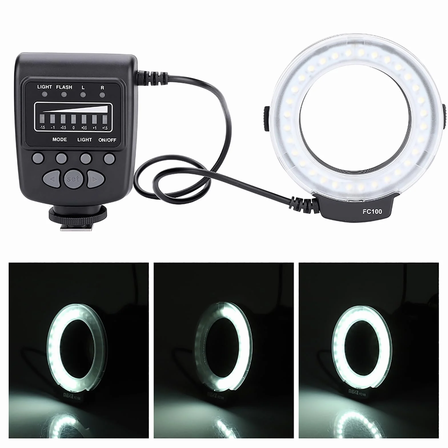 FC-100 Macro Universal LED flash ring, studyjna fotograficzna 5000K regulowana do 7 poziomów z pierścieniem adaptera 40,5 mm / 52 mm / 55 mm / 58 mm / 62 mm / 67 mm / 72 mm