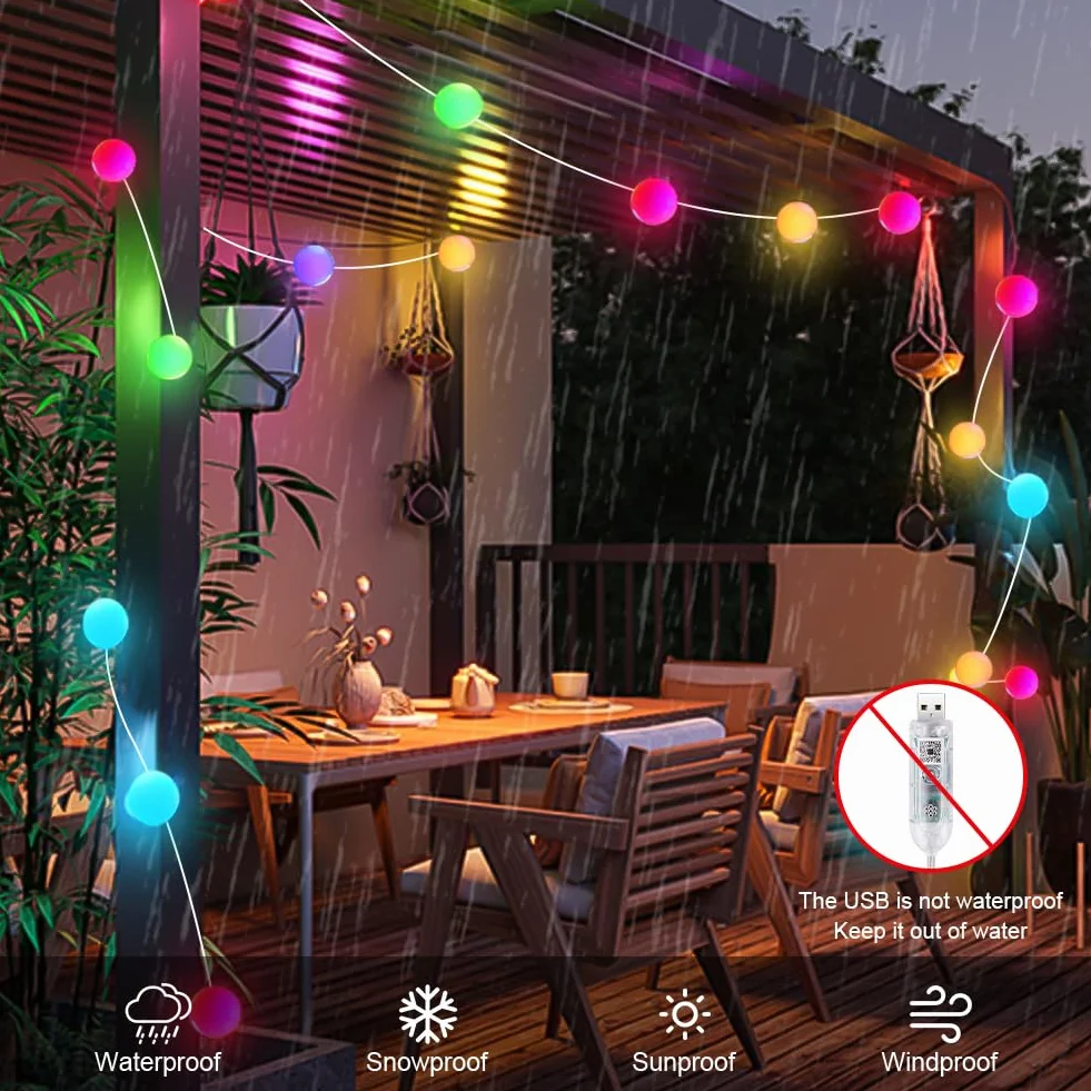 AUAUY Smart Globe String Lights, 10M 66 LED Outdoor/Indoor String Lights, Zmiana koloru, Zasilane przez USB, z aplikacją, Dekoracja na imprezę Halloween, Boże Narodzenie