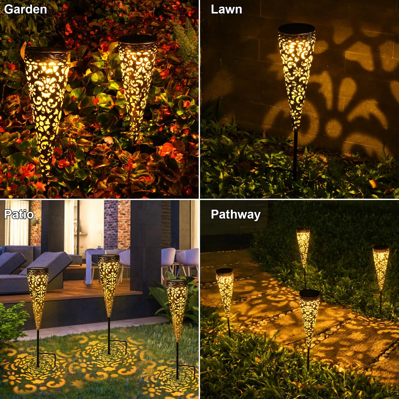 Zewnętrzne lampy słoneczne, GuKKK 4 sztuki Vintage Metalowe lampy słoneczne, 800 mAh Solar Light z wysuwanym stojakiem Wodoodporne IP65, Solarne oświetlenie ogrodowe LED Ciepłe białe z dekor