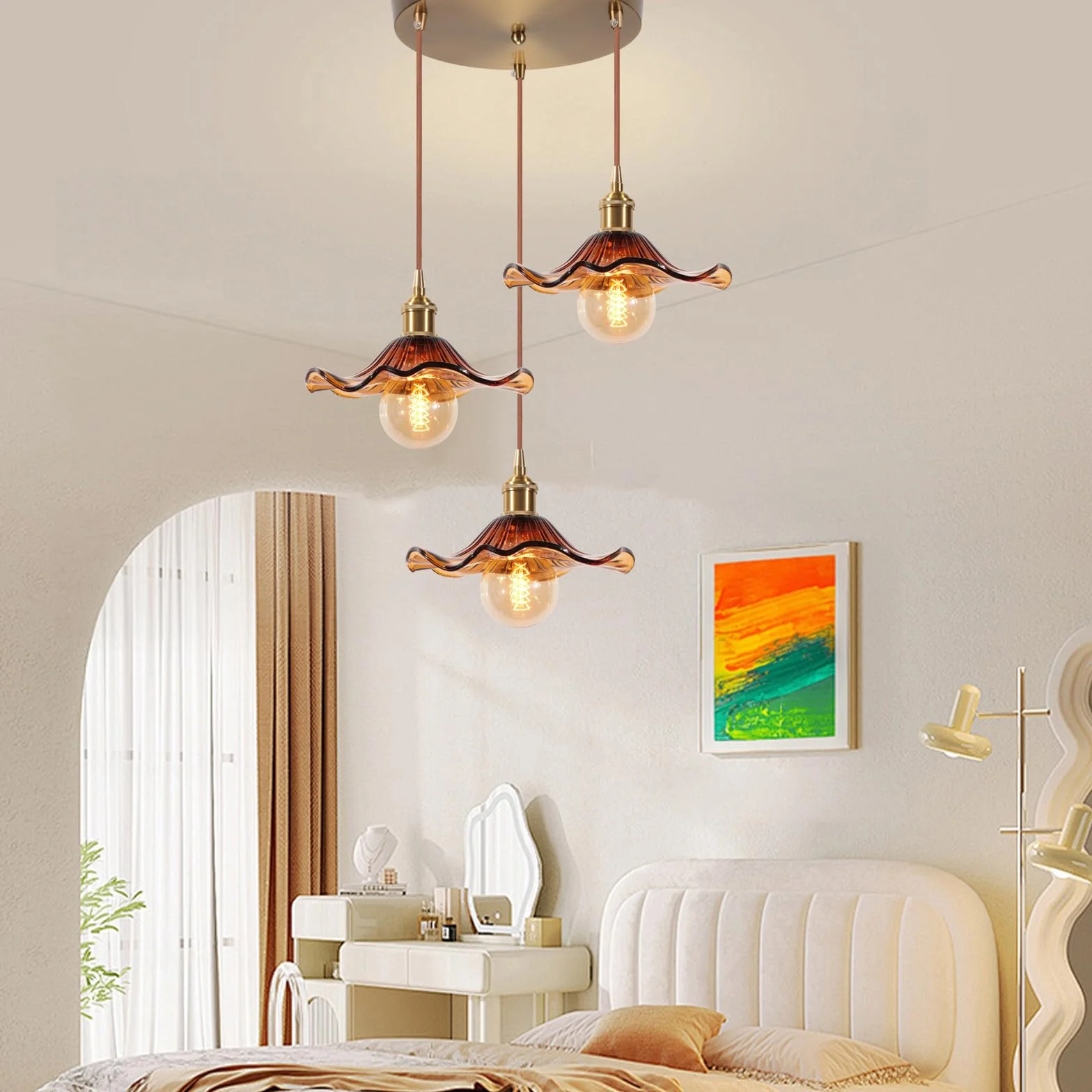 3 Lampy Wiszące ze Szklanego Bursztynu w Stylu Kwiatowym z Posrebrzanego Mosiądzu Nowoczesne Oświetlenie Sufitowe Art Déco Wewnętrzne Zawieszone Do Salonu, Jadalni, Sypialni, Kuchni