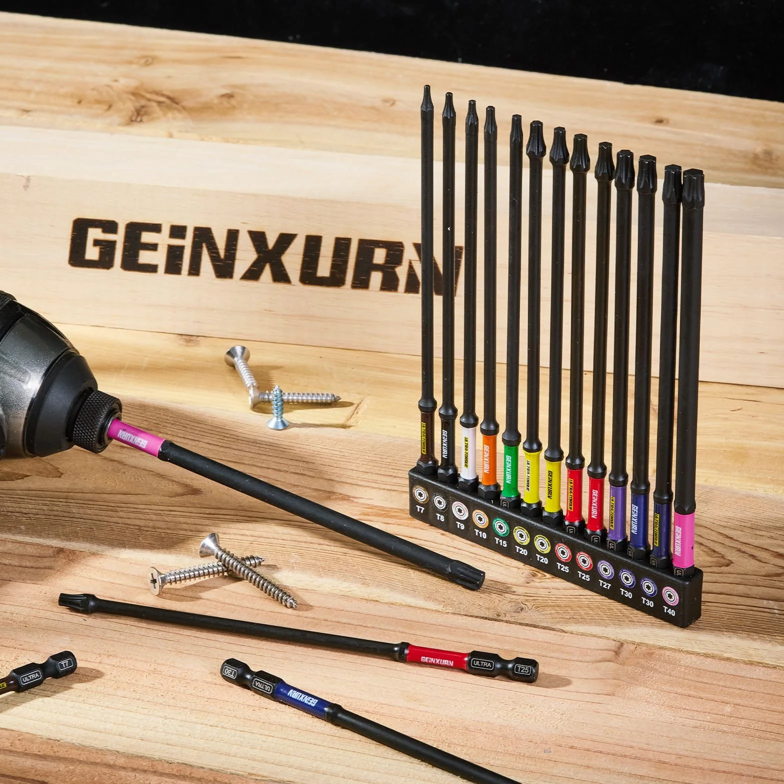 GEINXURN 13-częściowy zestaw bitów udarowych Torx T7-T40 150 mm długości, 1/4 cala trzpień sześciokątny S2 stal stopowa magnetyczne bity napędowe, ultra kod koloru