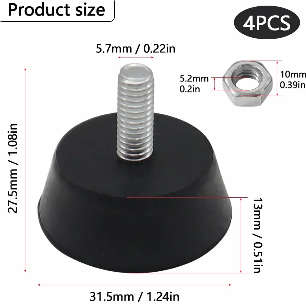 4 sztuki gumowe stopki M6 x 16 mm, śrubowane, średnica podstawy 32 mm, gumowe nóżki meblowe do mebli, urządzeń i małych sprzętów