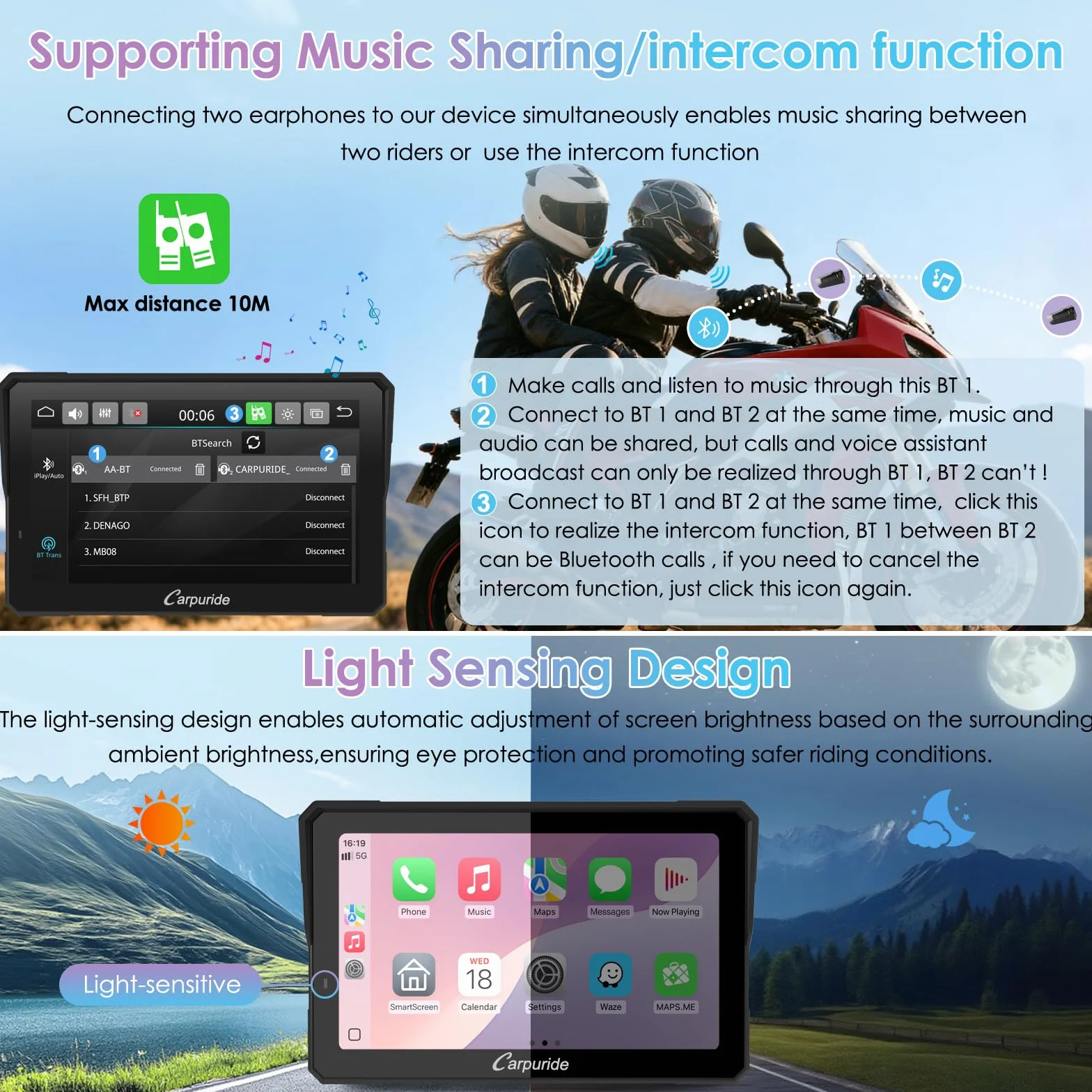 CARPURIDE W702RS Pro Motocykl Carplay Ekran z Radarem BSD Bezprzewodowy Android Auto Wodoodporny 17.8 cm