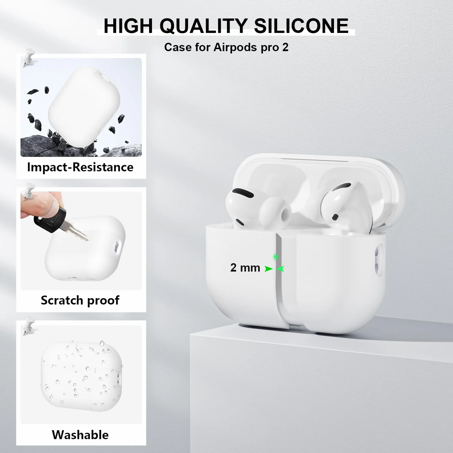 Etui kompatybilne z Airpods Pro 2 generacji 2022, ultra cienkie, silikonowe, odporne na uderzenia, miękkie etui ochronne do Airpods Pro 2, pełna ochrona do Airpods Pro 2 (białe)