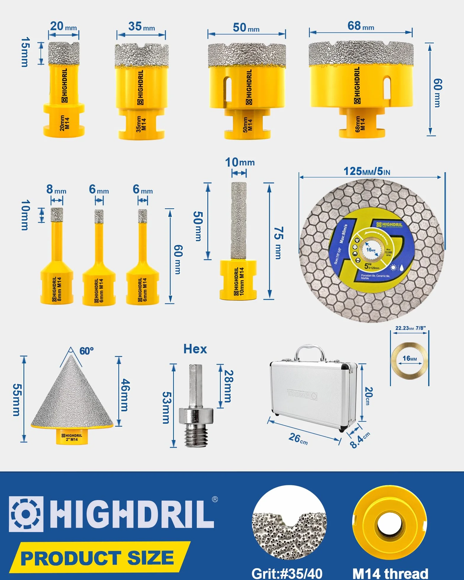 HIGHDRIL 11 sztuk diamentowej piły otworniczej, diamentowe wiertło 6/6/8/20, 35, 50, 68 mm, z frezem do fazowania 50 mm, frez do palców, adapter, tarczą do płytek, porcelana, ceramika, granit, marmur