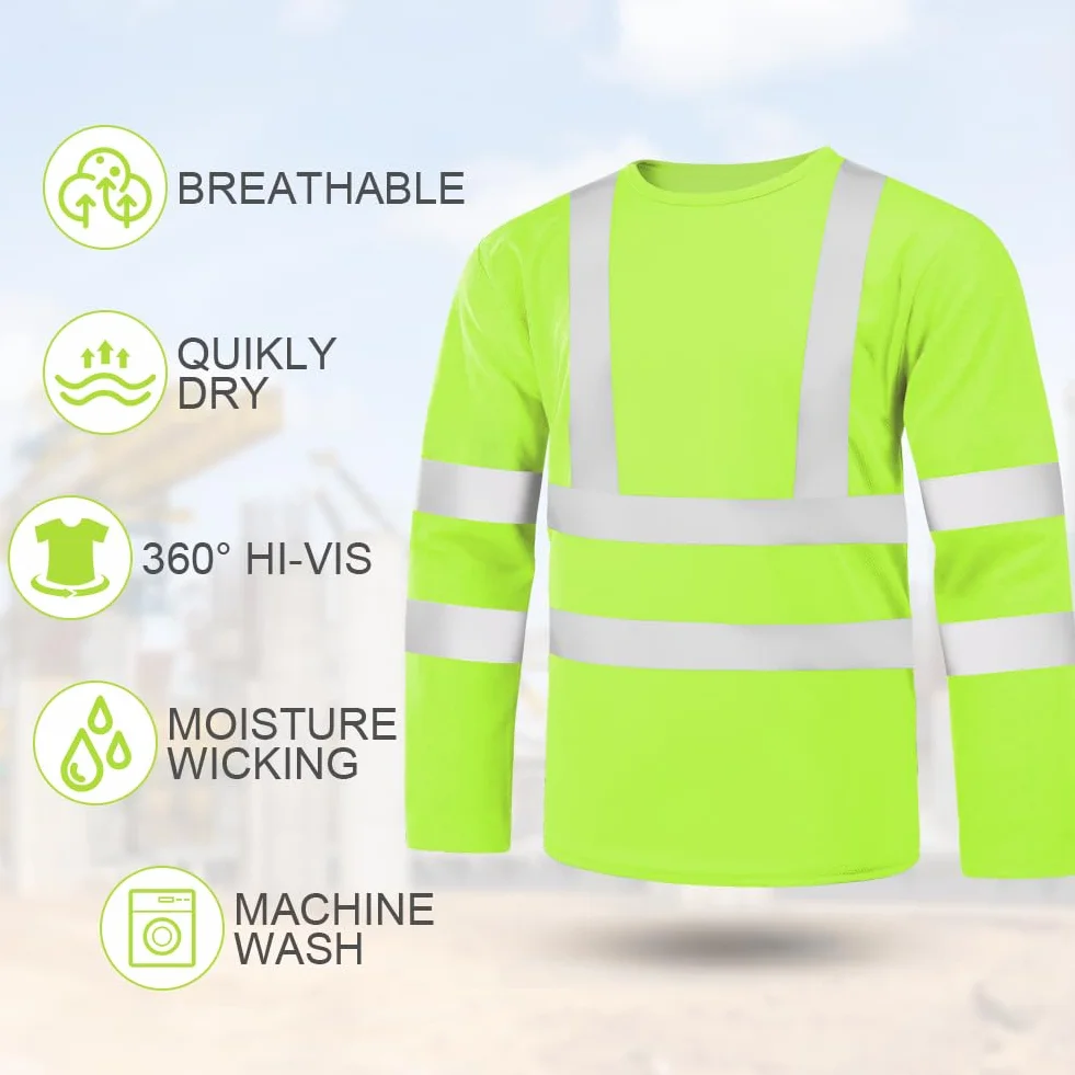 Koszulka z długim rękawem Hi Vis dla mężczyzn, męska bluza z okrągłym dekoltem, odblaskowa taśma zabezpieczająca okrągły dekolt, lekka odzież robocza i bezpieczna odzież robocza, sweter