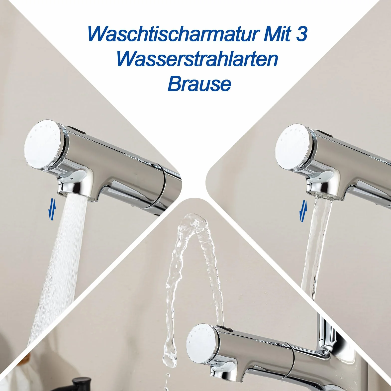 Bateria umywalkowa, wysoka z wyciąganą wylewką prysznicową, bateria łazienkowa, jednouchwytowa, armatura umywalkowa do umywalki nasadowej z 3 rodzajami strumienia wody, wyciągana, chrom