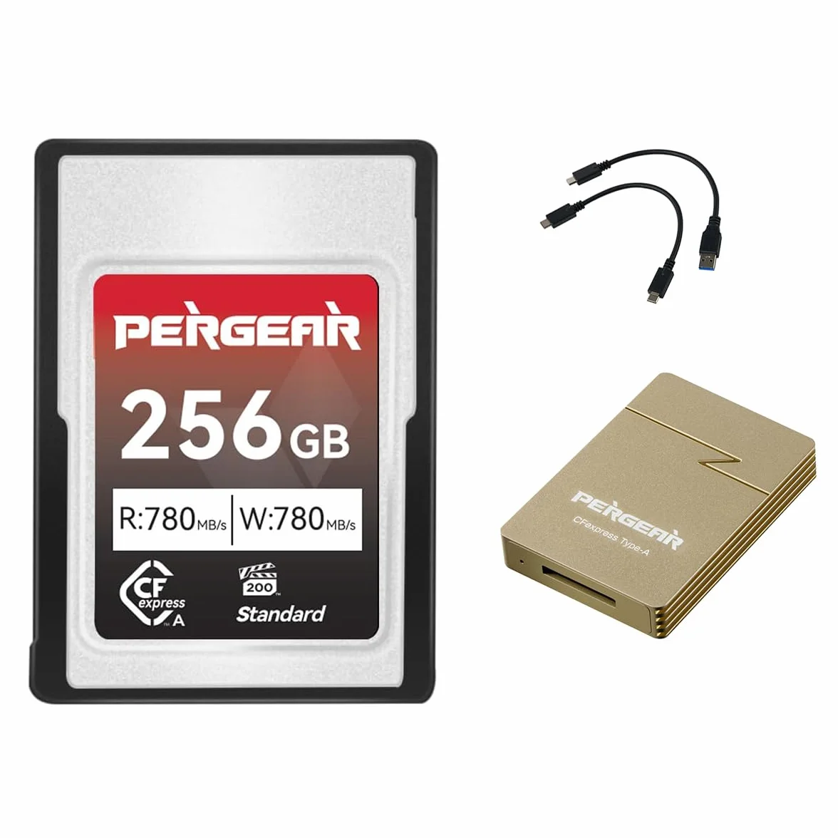 Pergear Standardowa karta pamięci 256 GB CFexpress typu A, prędkość odczytu do 780 MB/s i prędkość zapisu 780 MB/s dla nagrywania 4K 120P, nagrywanie 8K 30P (z czytnikiem kart), kompatybilna z