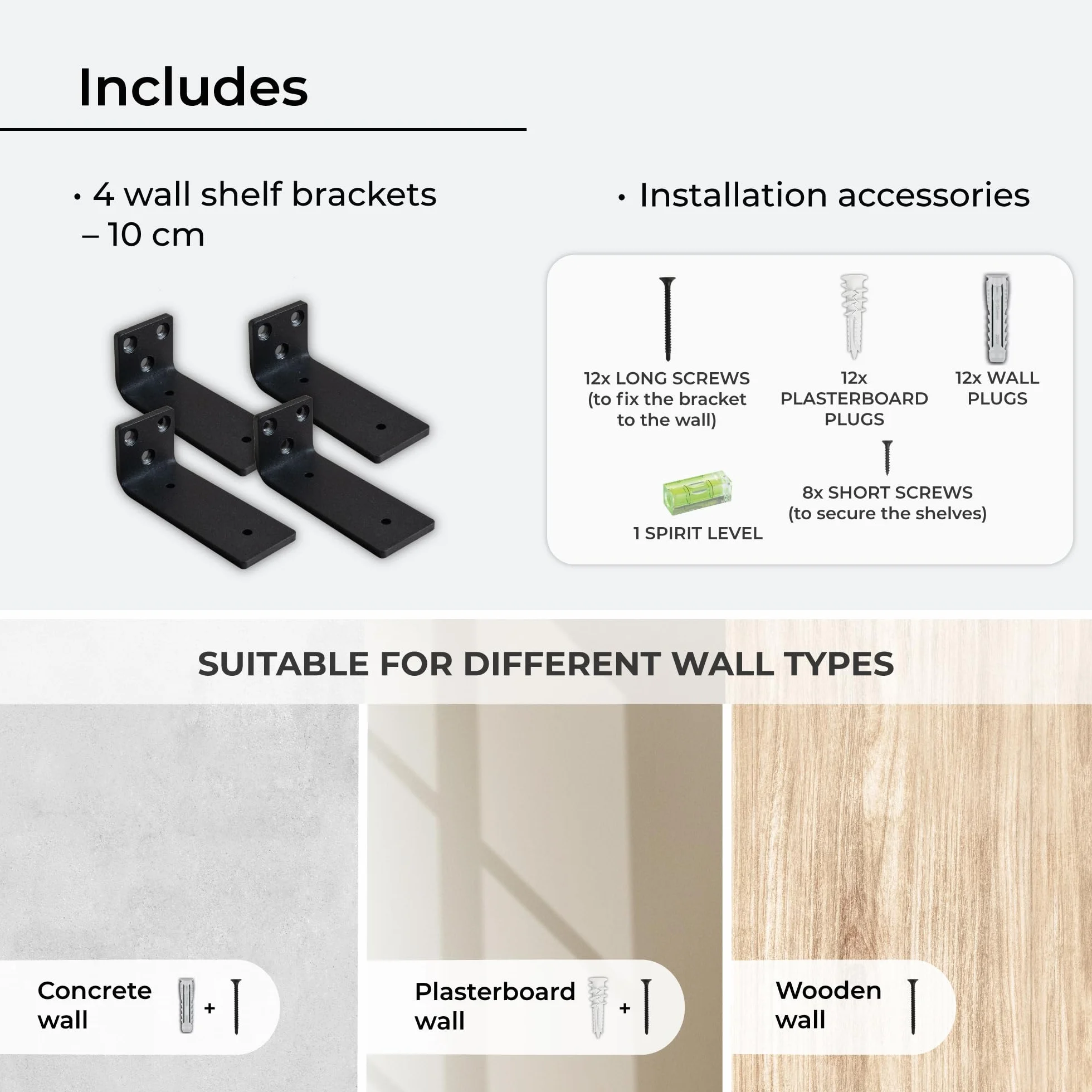 MILUKA Pack 4 Brackets for Shelving 10 cm | Invisible Metal L-shaped Brackets for Wall Shelves | Heavy Duty Steel, 60 kg | Black Industrial Design, Concealed Anchorage