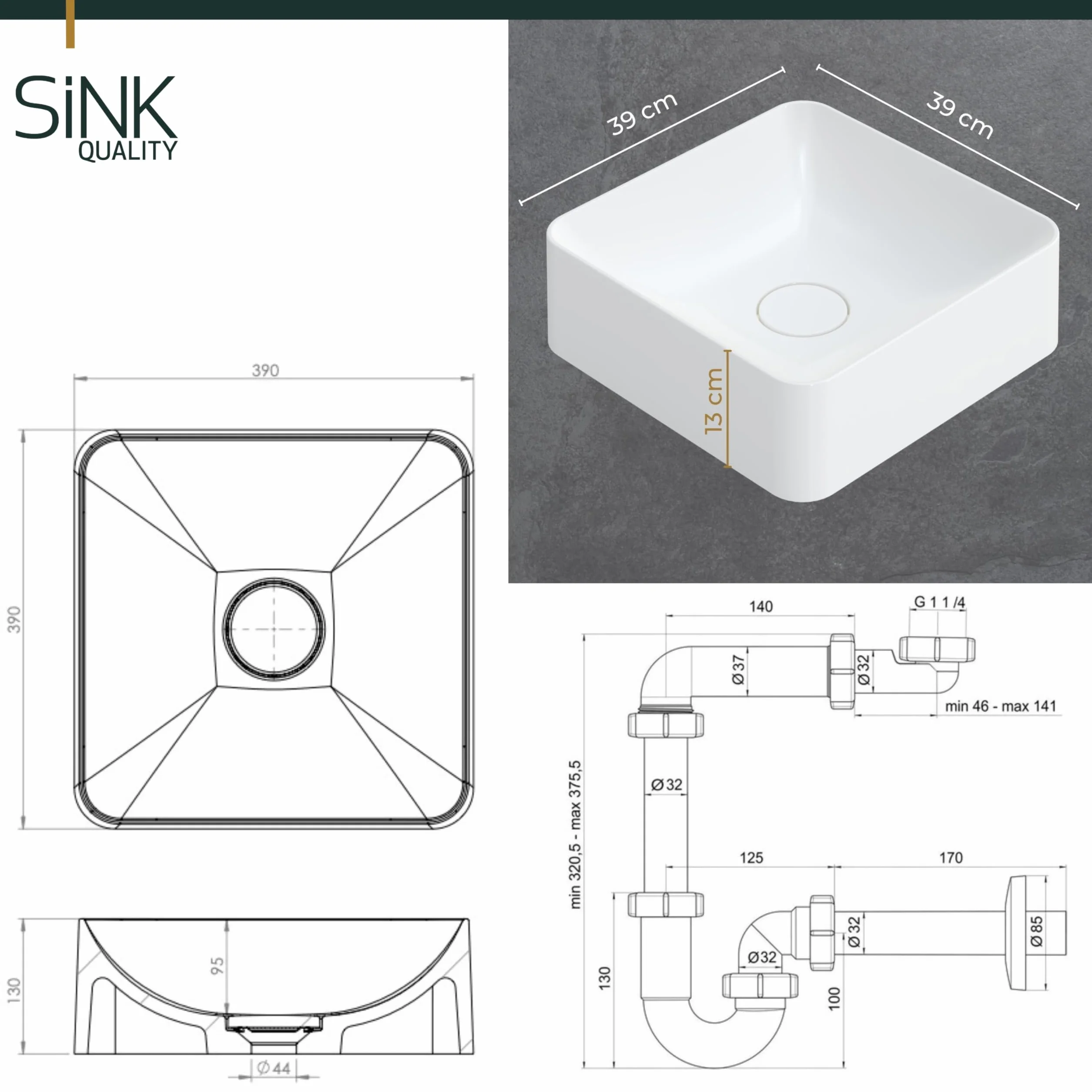 SINK Quality Umywalka nablatowa, biała, z połyskiem, 39 x 39 cm – umywalka kwadratowa bez otworu na kran z kompozytu mineralnego S-MARBLE, umywalka do łazienki i WC dla gości z pokrywą odpływu i