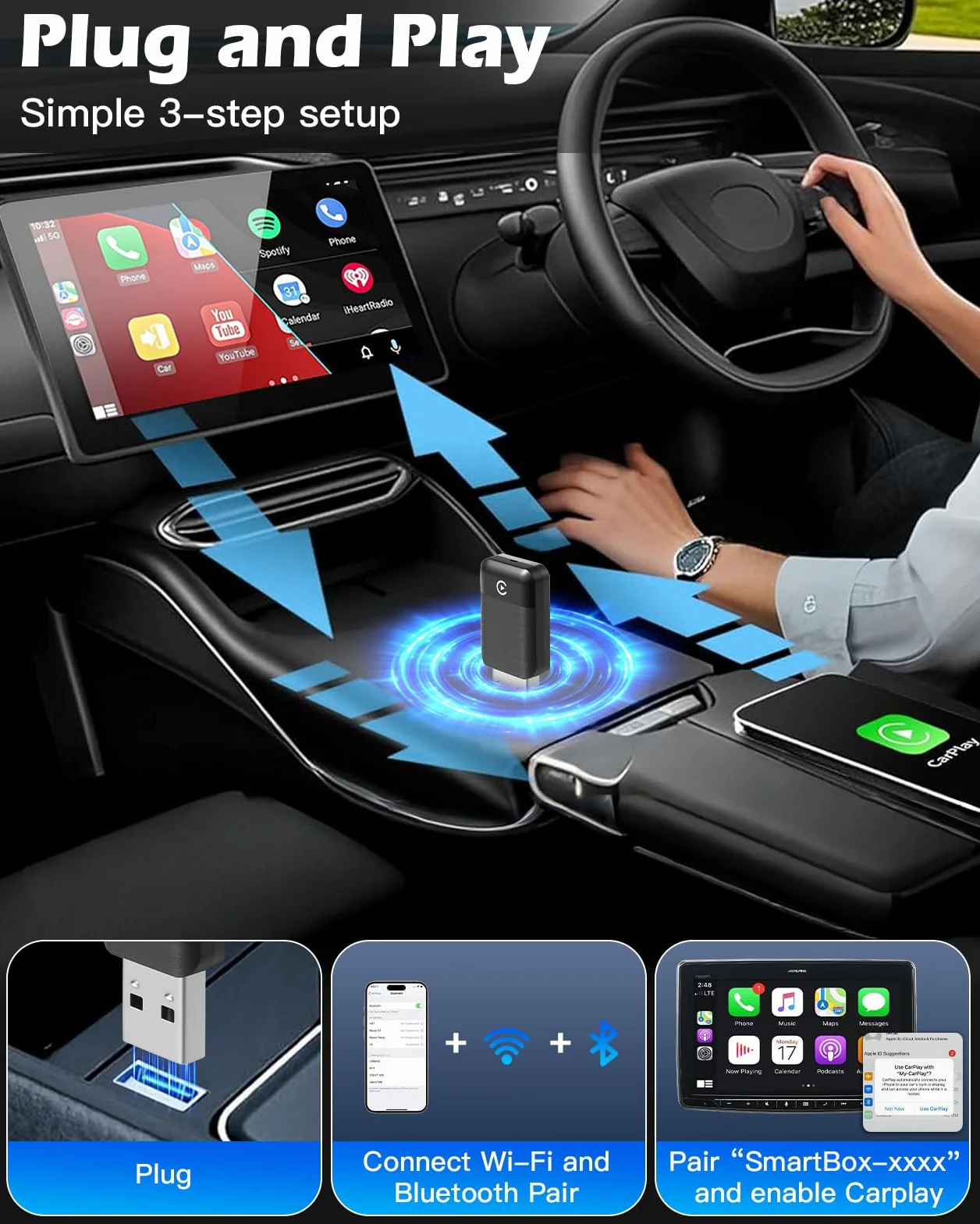 Bezprzewodowy adapter Carplay UK 2025, samochodowy klucz sprzętowy, konwertuje przewodowy na bezprzewodowy, USB i typ C, Bluetooth Mini Carplay kompatybilny z Apple iPhone iOS 10+ i samochodami 2016+