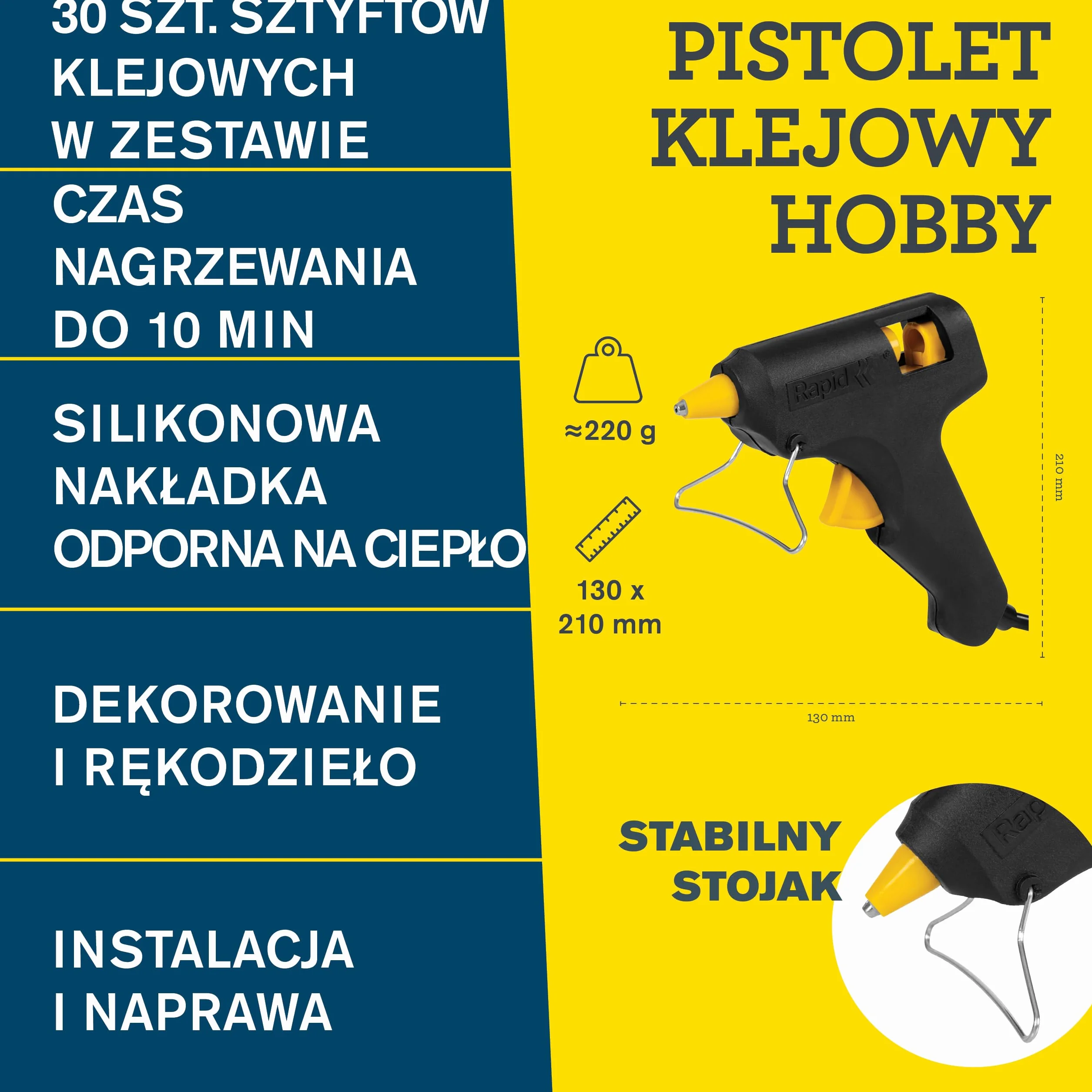 Pistolet do Kleju na Gorąco Rapid Hobby + 30 Sztyftów Klejowych – Pistolet do Klejenia 7 mm Do Rękodzieła, Sztuki i Rzemiosła, Napraw – Wydajność 100 g/h, Nagrzewanie w 10 Min., 2-letnia Gwarancja