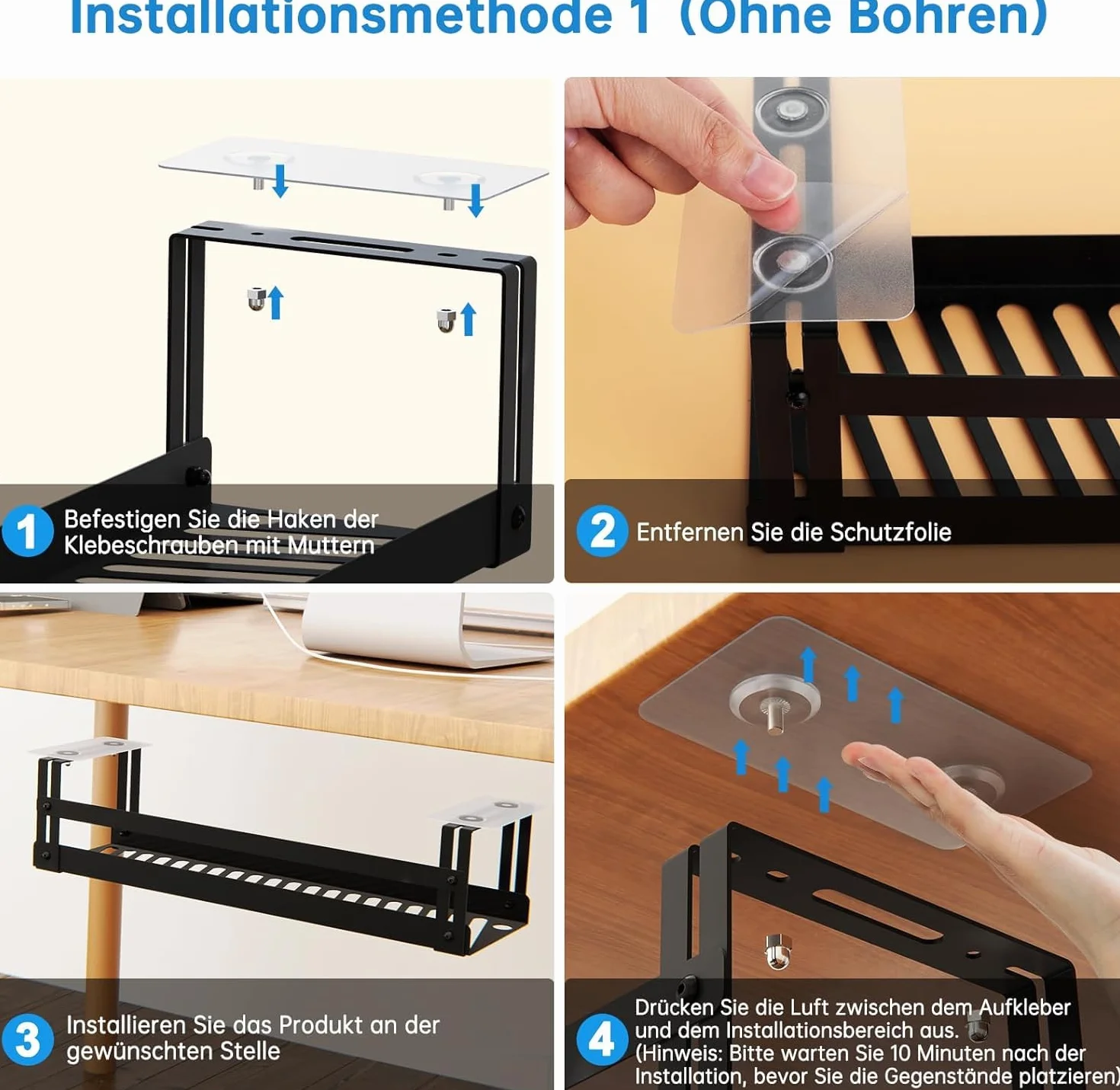 PAVSTINE Organizator kabli pod biurkiem zestaw 2 szt., Kanał kablowy bez wiercenia, Kanał kablowy do biurka do zarządzania kablami, Taca kablowa, Organizer kabli na biurko, Kosz na kable Czarny | Zarządzanie kablami pod biurkiem ze stali węglowej, czarna